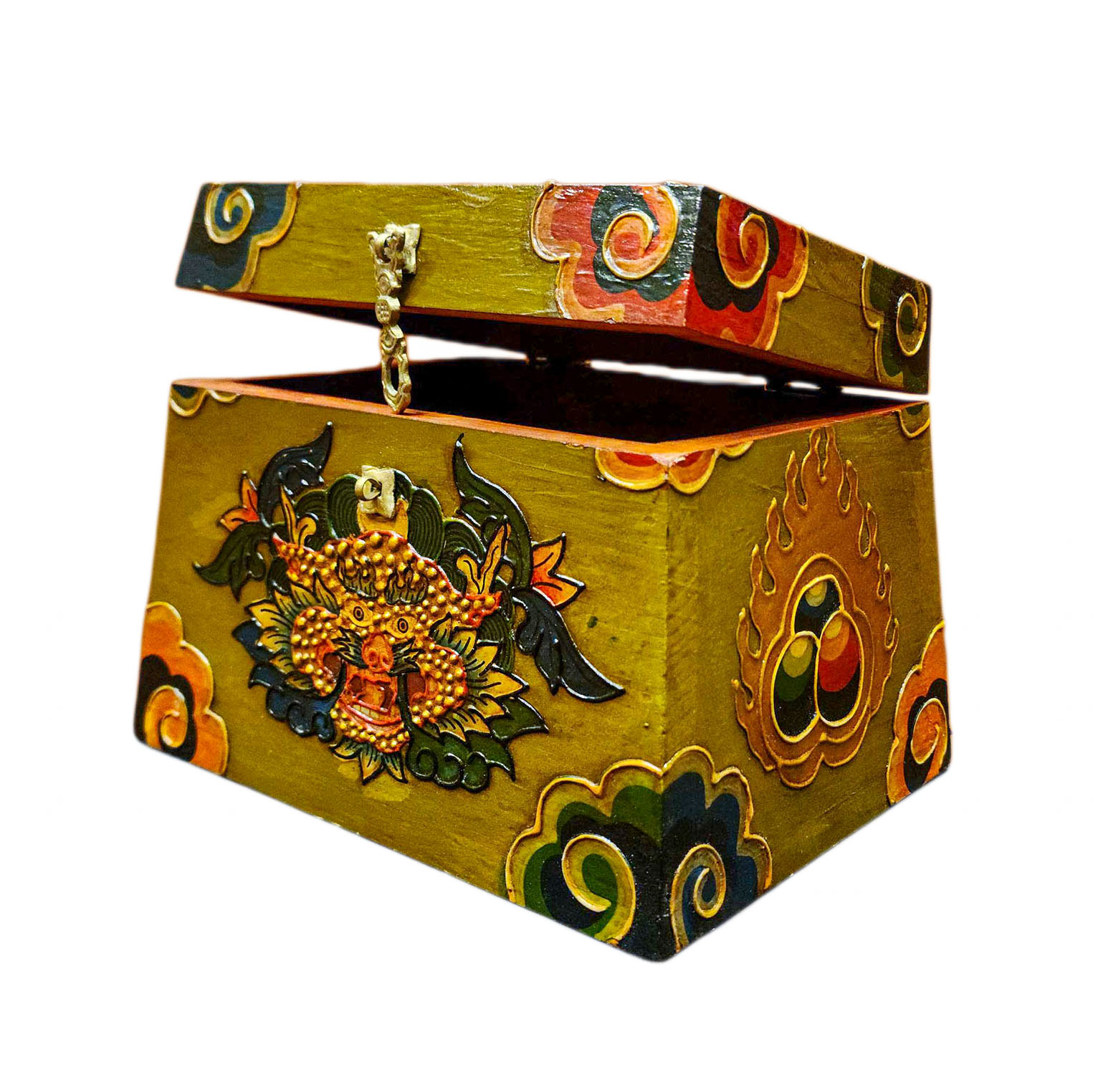 Buddhist Wooden Box With [cheppu] Design, Tibetan Style With Traditional Colors