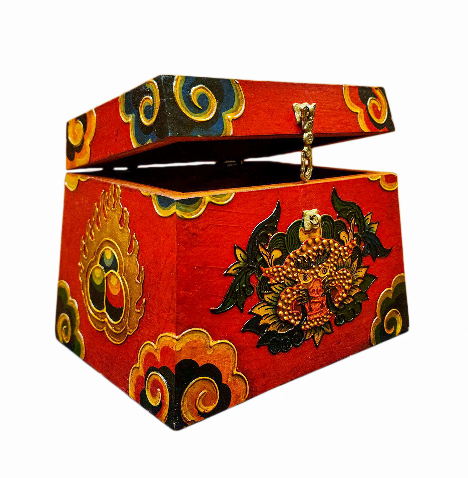 Buddhist Wooden Box With [cheppu] Design, Tibetan Style With Traditional Colors