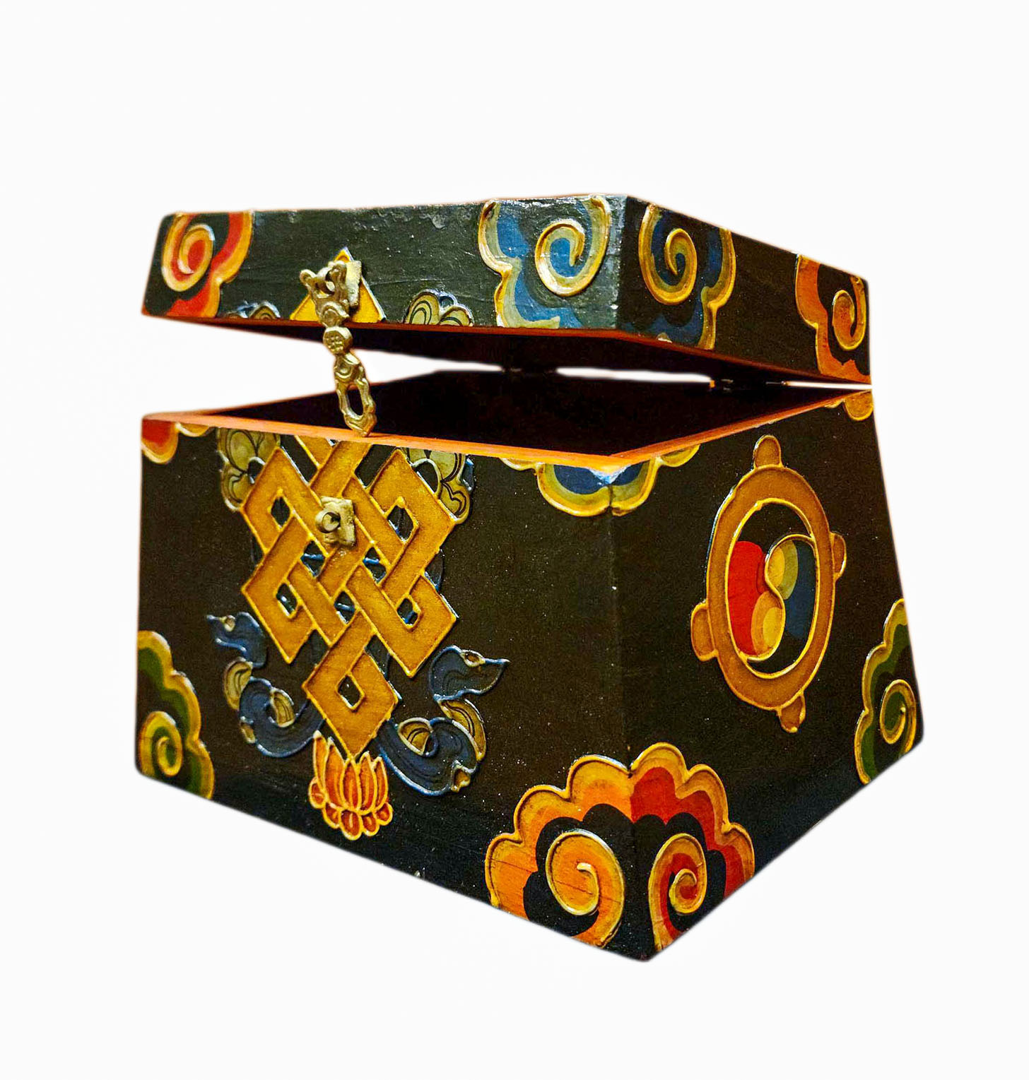 Buddhist Wooden Box With [infinity Knot] Design, Tibetan Style With Traditional Colors