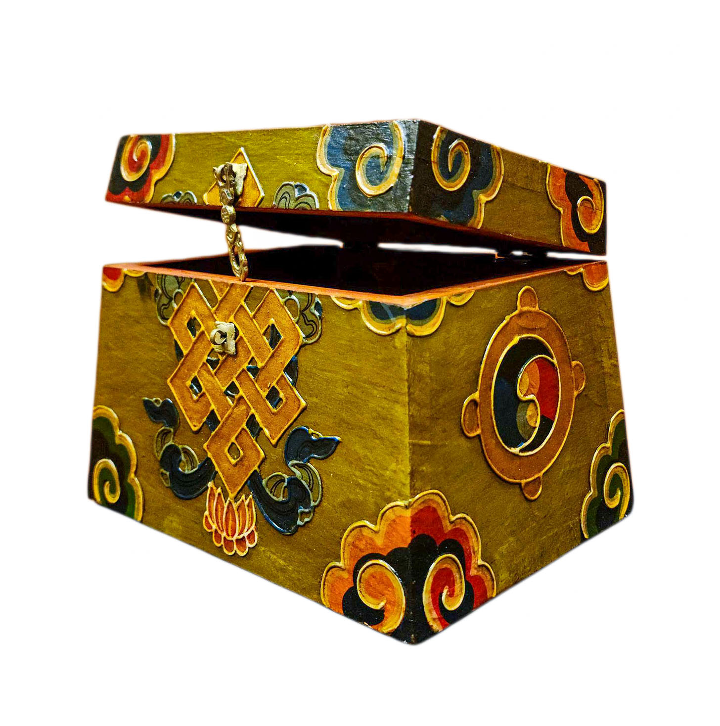 Buddhist Wooden Box With [infinity Knot] Design, Tibetan Style With Traditional Colors
