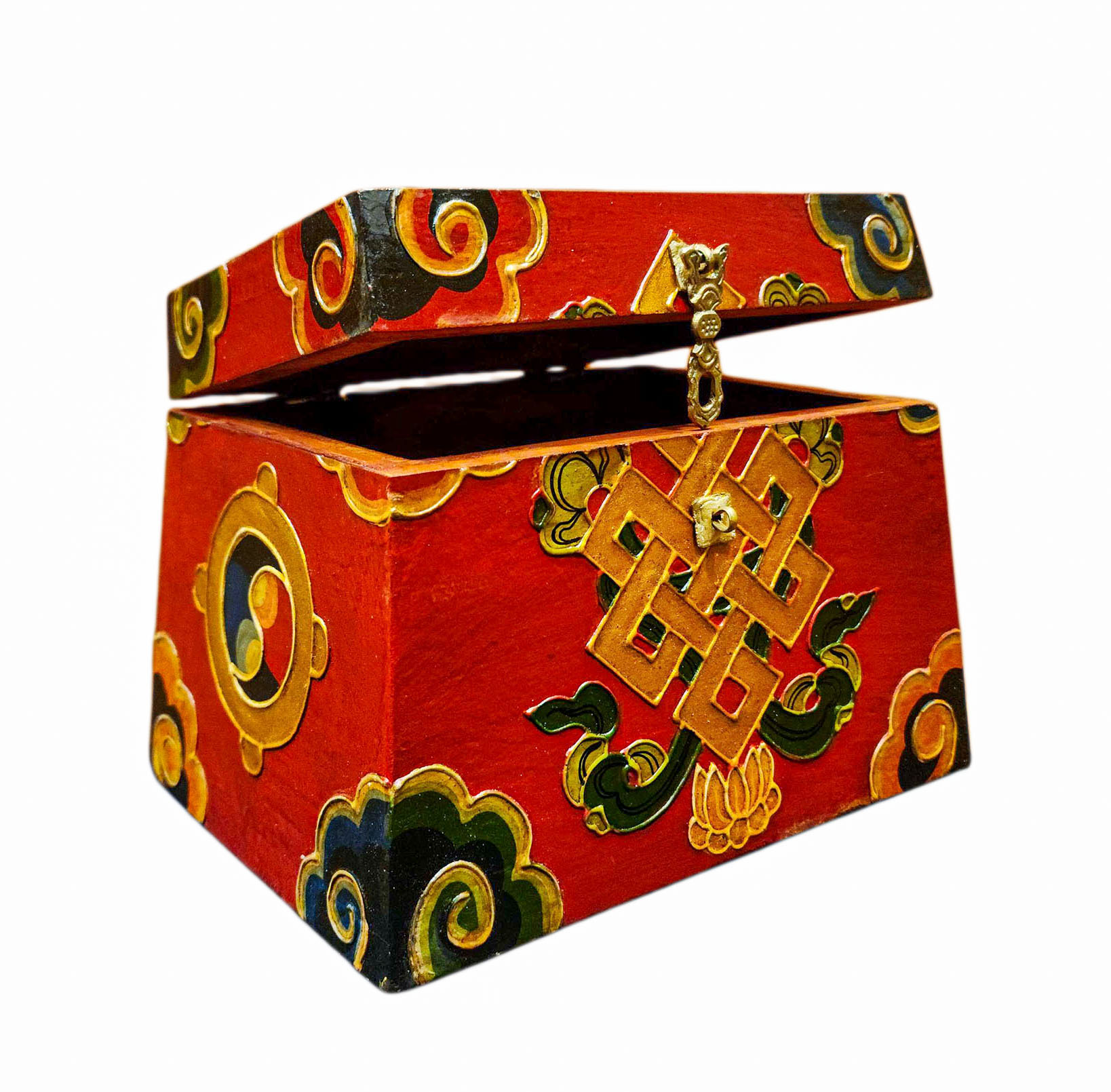 Buddhist Wooden Box With [infinity Knot] Design, Tibetan Style With Traditional Colors