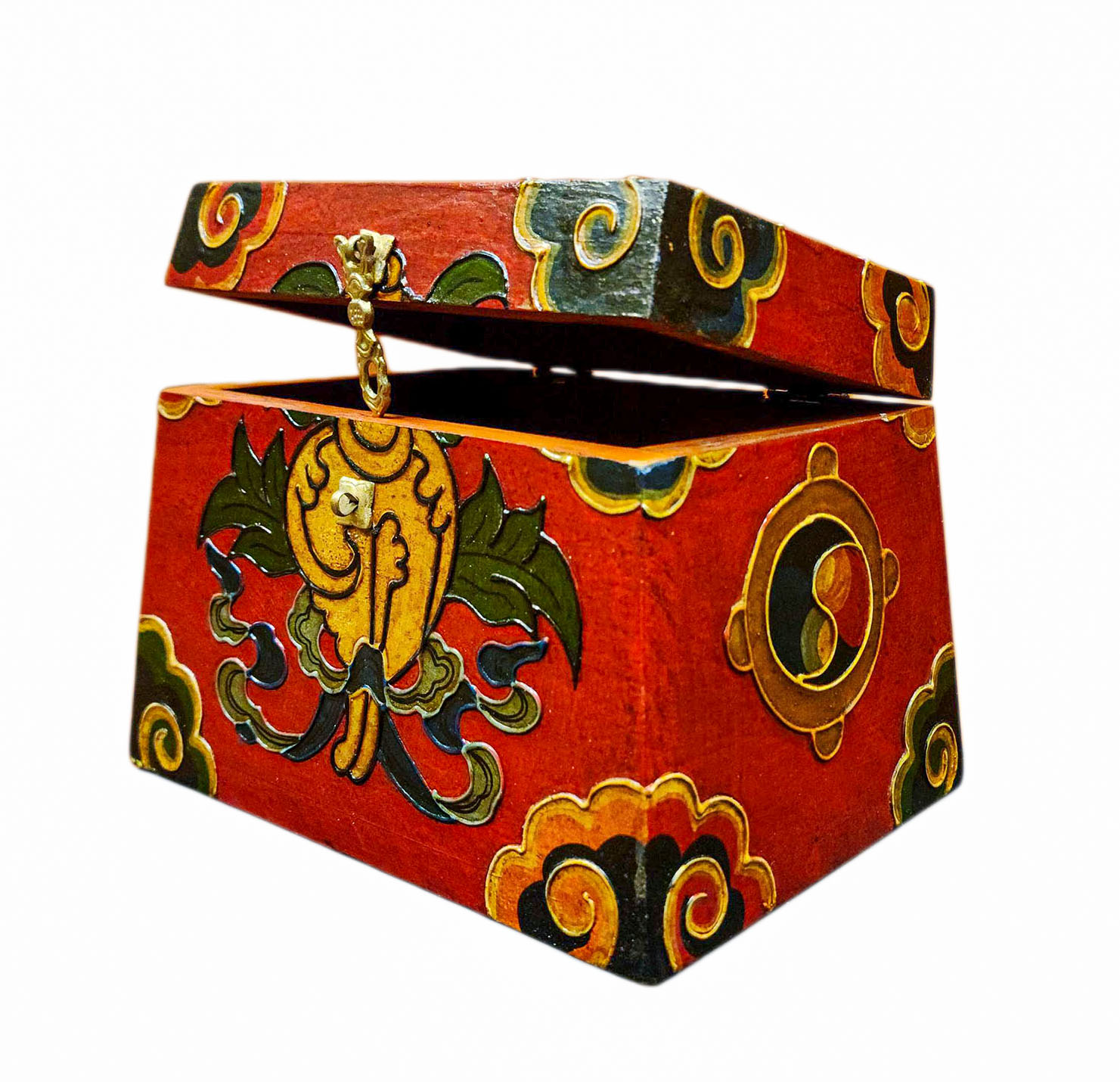 Buddhist Wooden Box With [conch Shell] Design, Tibetan Style With Traditional Colors