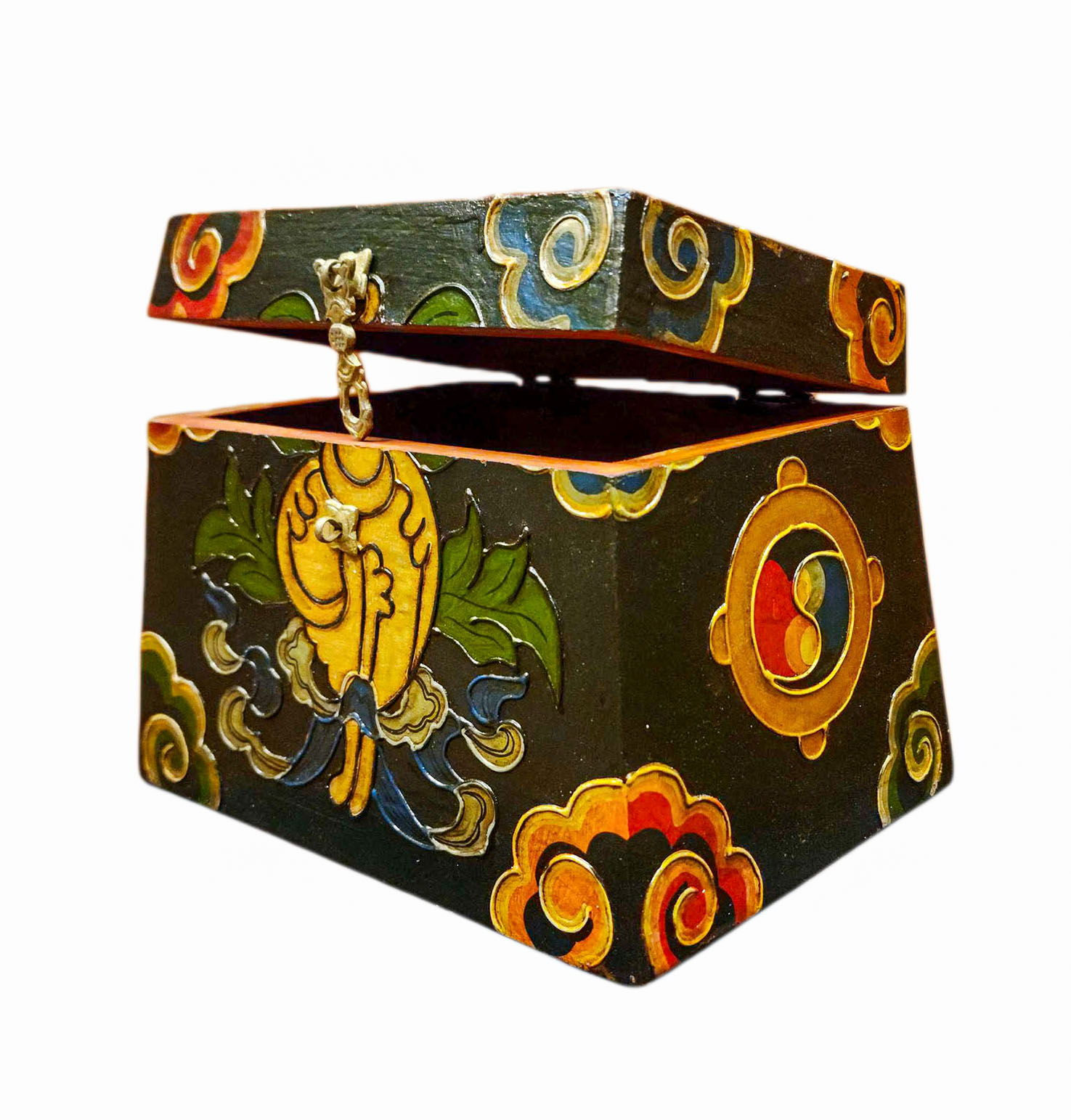 Buddhist Wooden Box With [conch Shell] Design, Tibetan Style With Traditional Colors