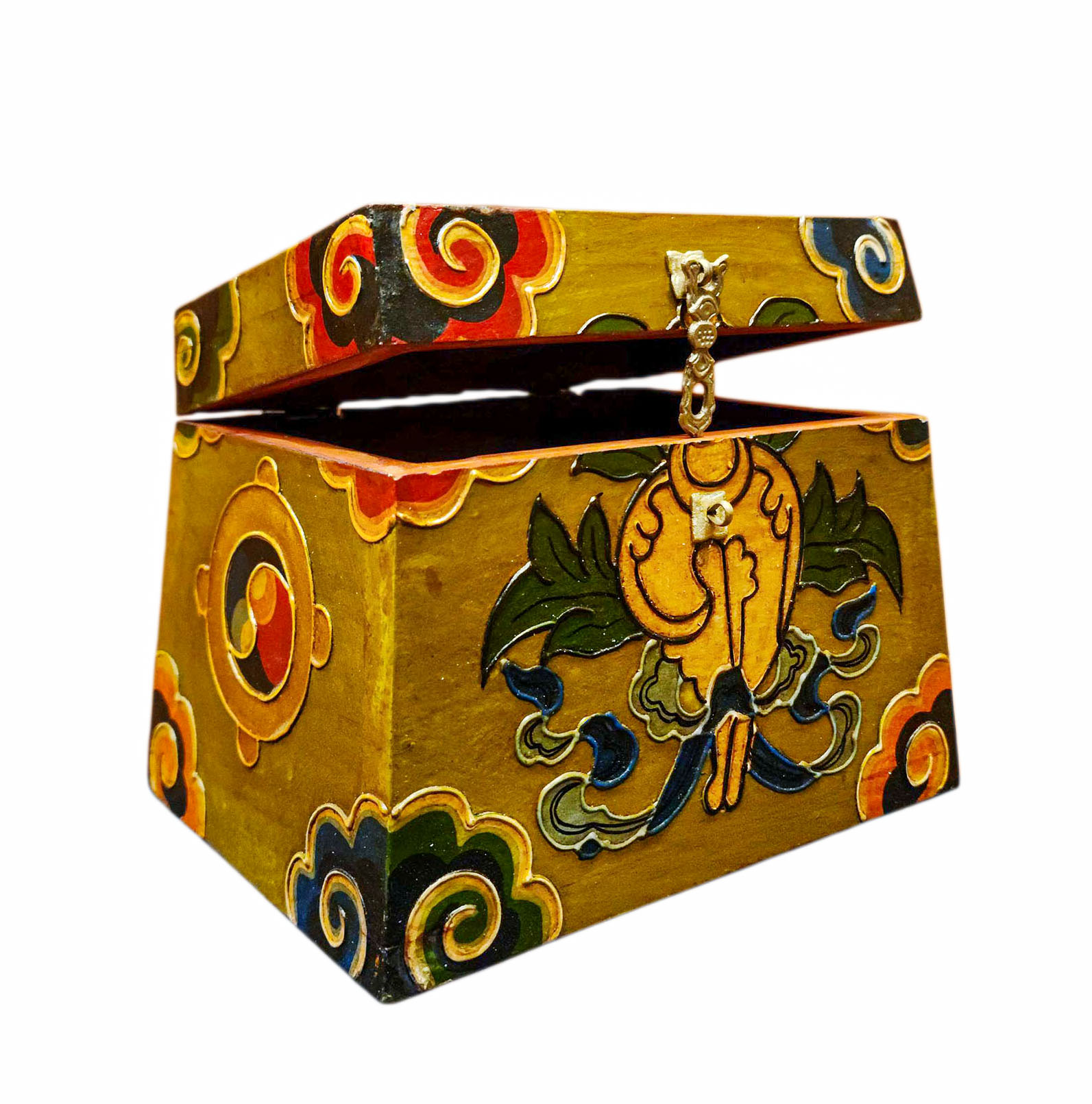 Buddhist Wooden Box With [conch Shell] Design, Tibetan Style With Traditional Colors