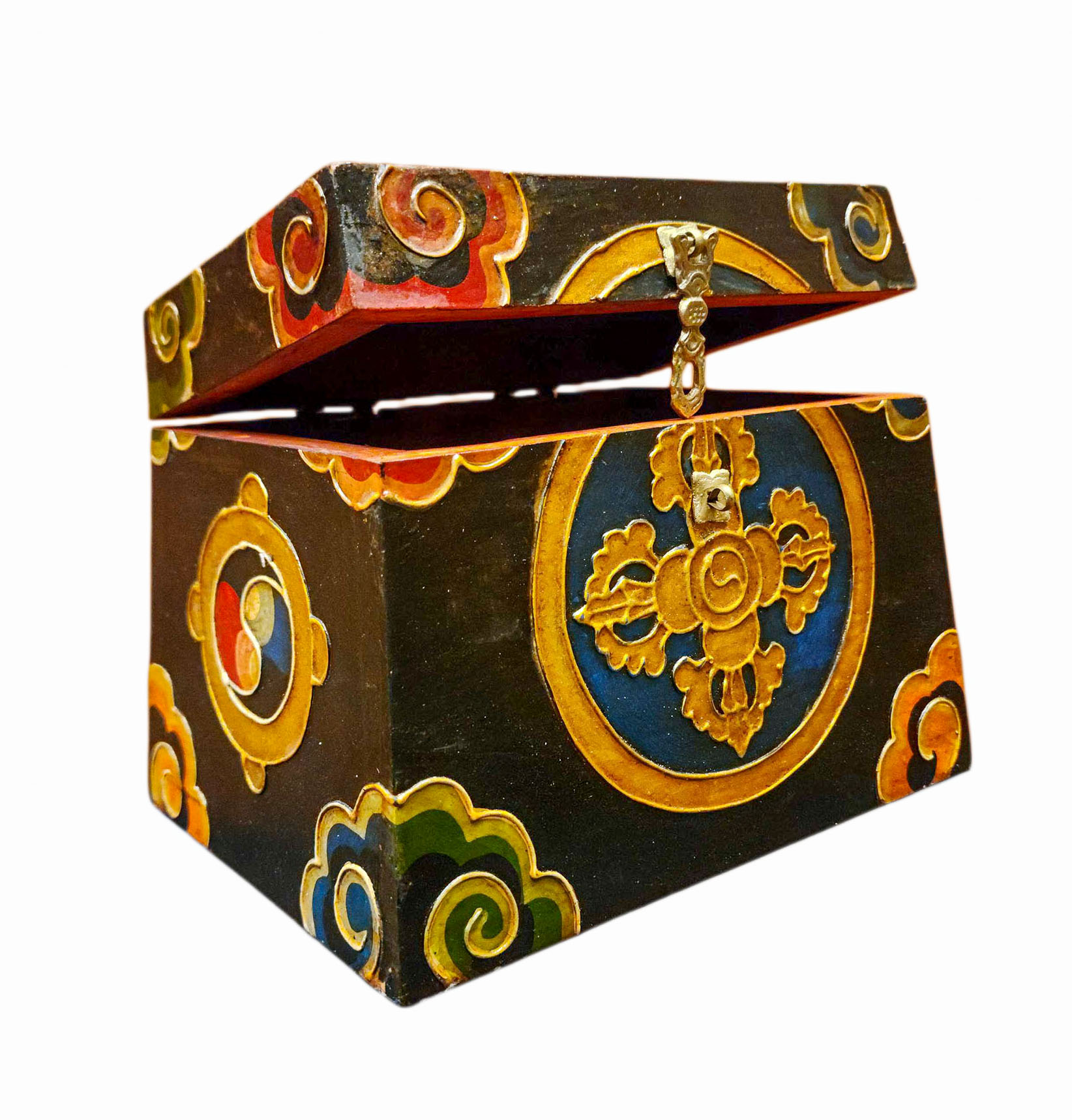 Buddhist Wooden Box With [double Dorje], Tibetan Style With Traditional Colors