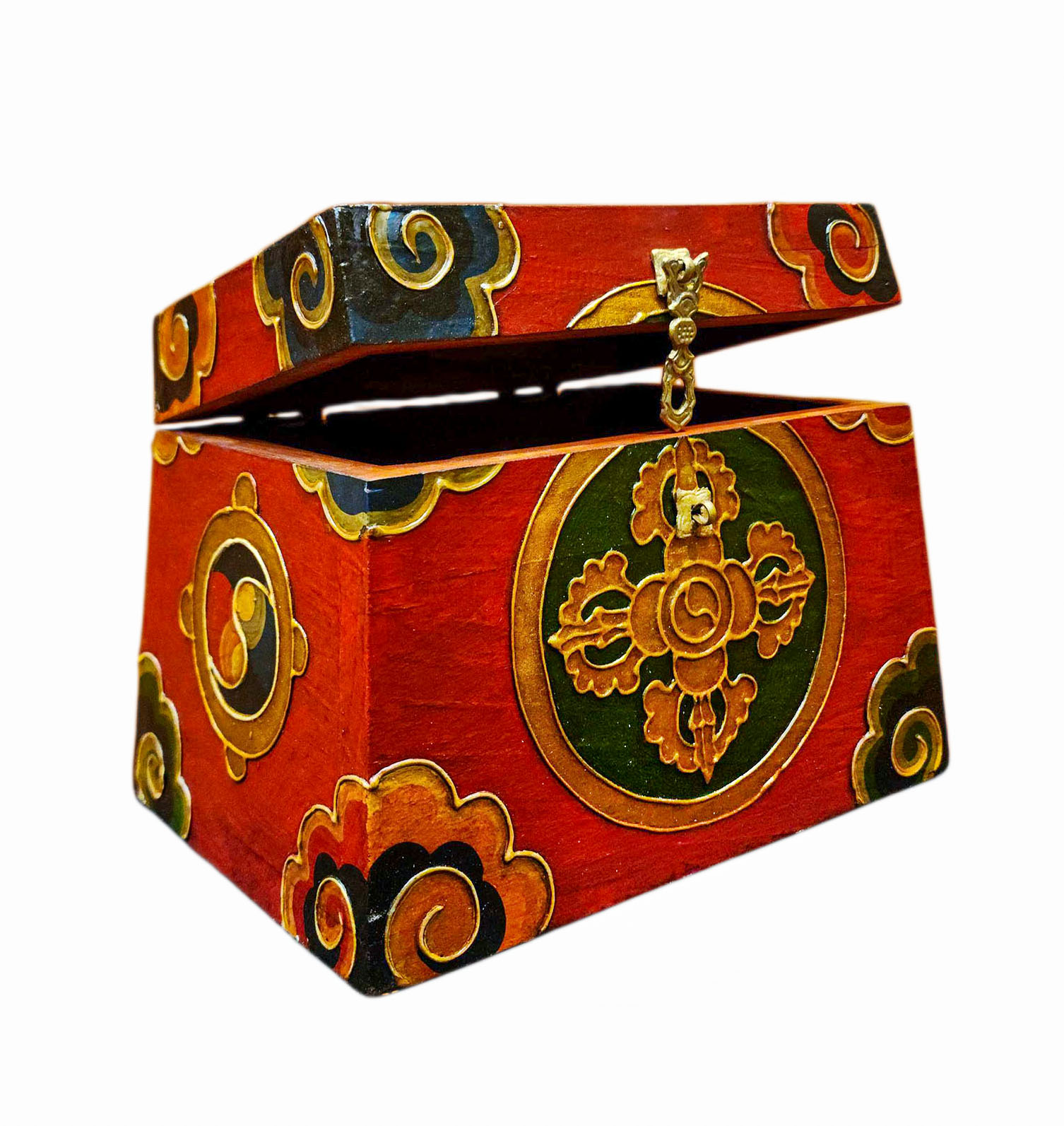 Buddhist Wooden Box With [double Dorje], Tibetan Style With Traditional Colors
