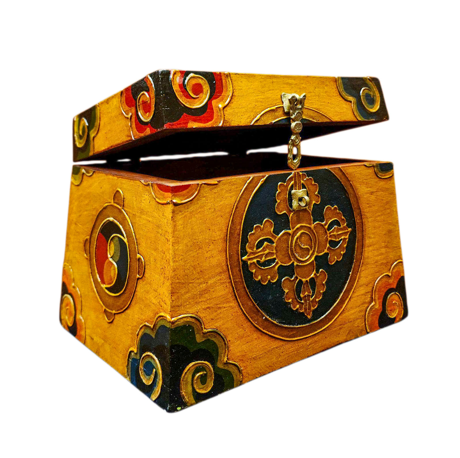 Buddhist Wooden Box With [double Dorje], Tibetan Style With Traditional Colors