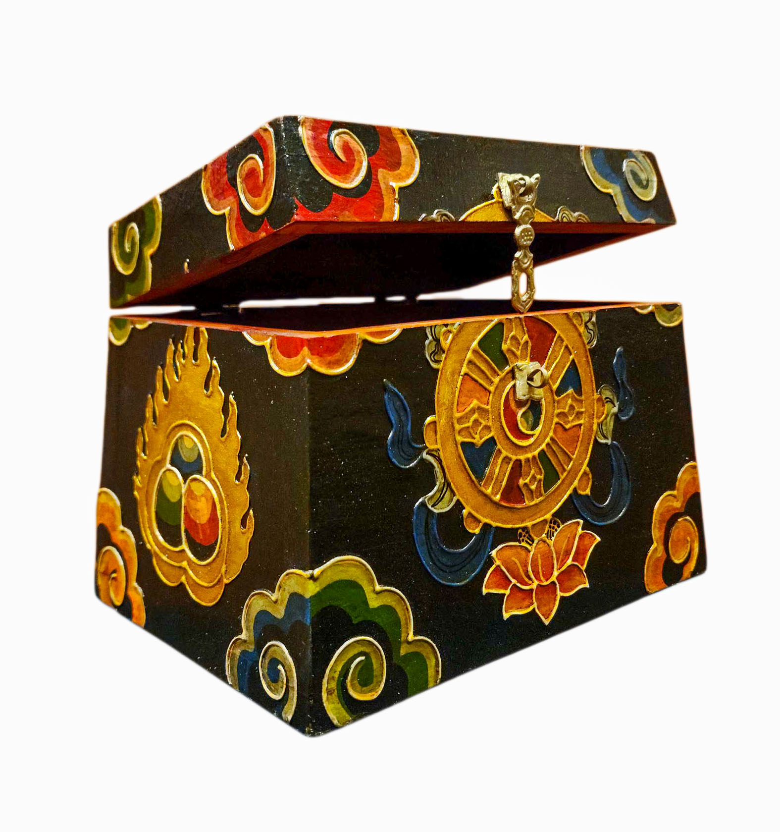 Buddhist Wooden Box With [ashtamangala] Design, Tibetan Style With Traditional Colors