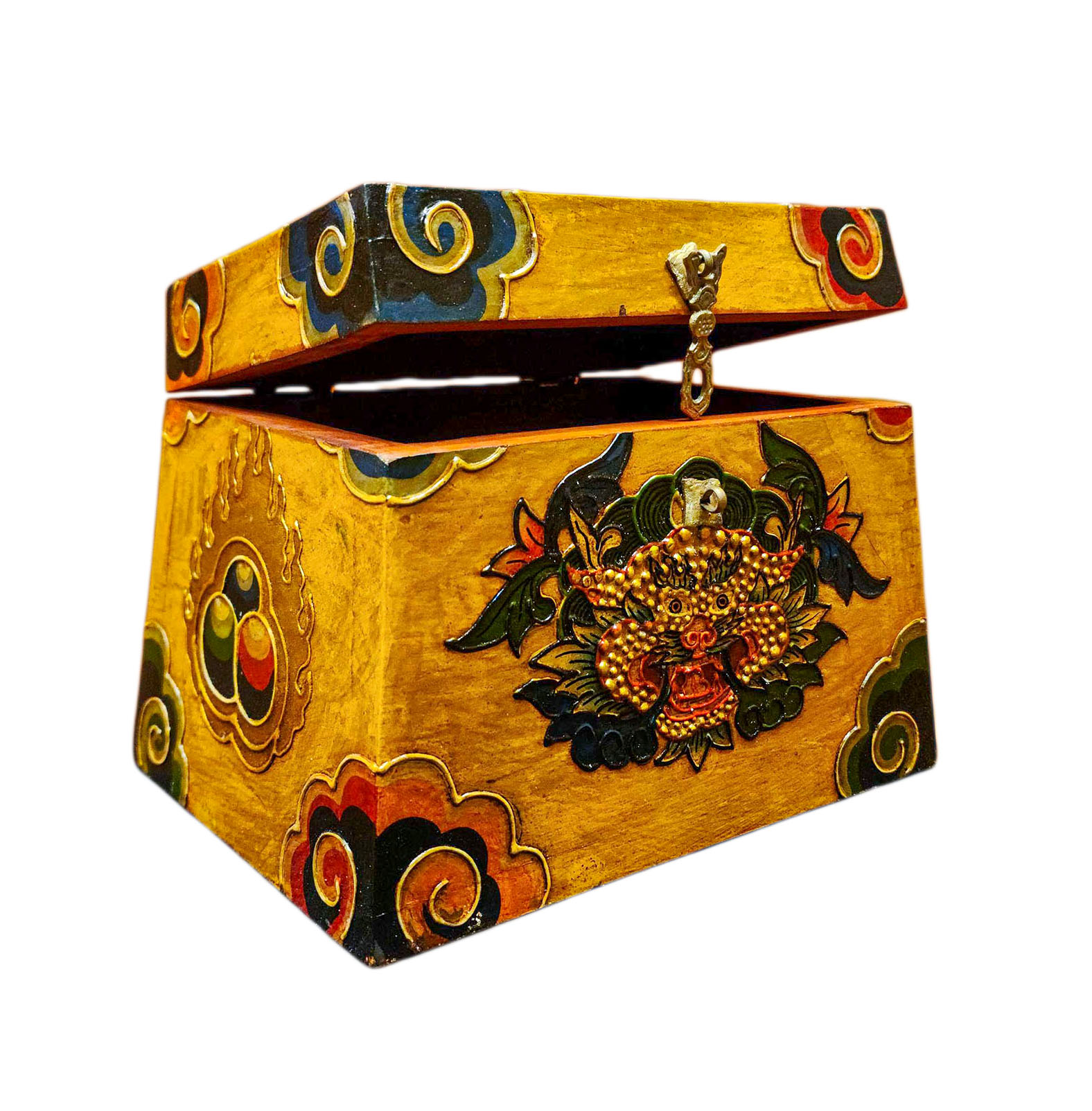 Buddhist Wooden Box With [cheppu] Design, Tibetan Style With Traditional Colors