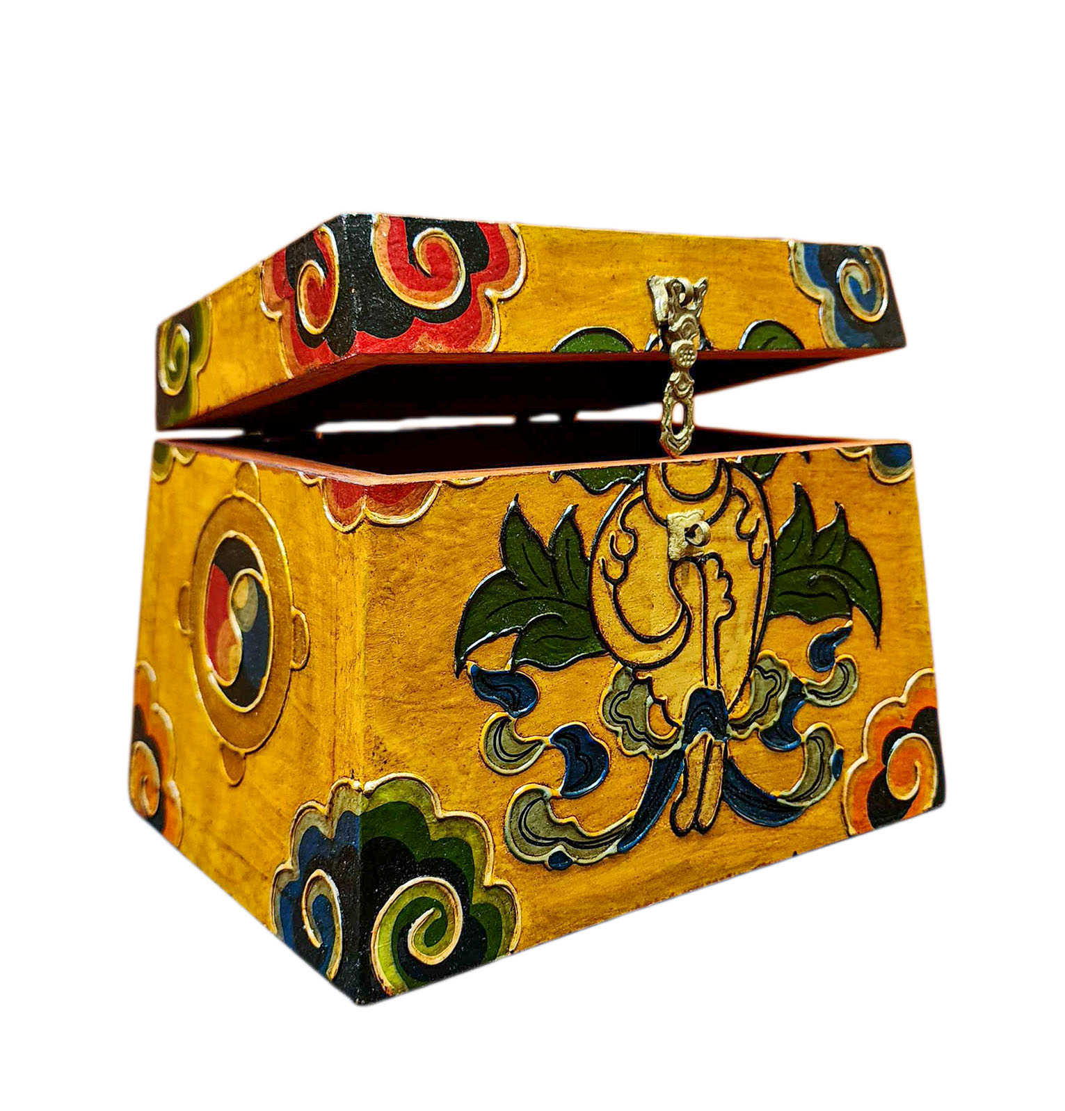 Buddhist Wooden Box With [conch Shell] Design, Tibetan Style With Traditional Colors