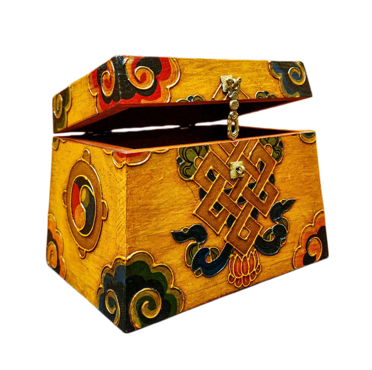 Buddhist Wooden Box With [infinity Knot] Design, Tibetan Style With Traditional Colors
