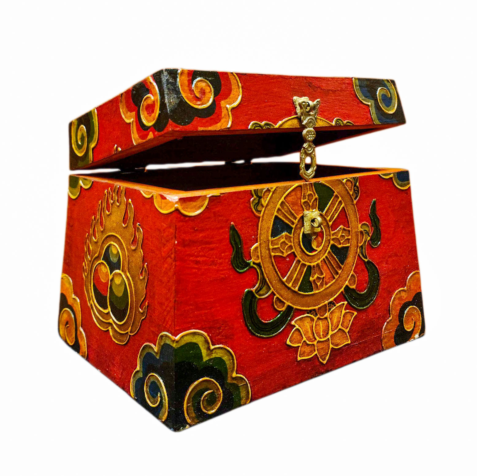 Buddhist Wooden Box With [ashtamangala] Design, Tibetan Style With Traditional Colors