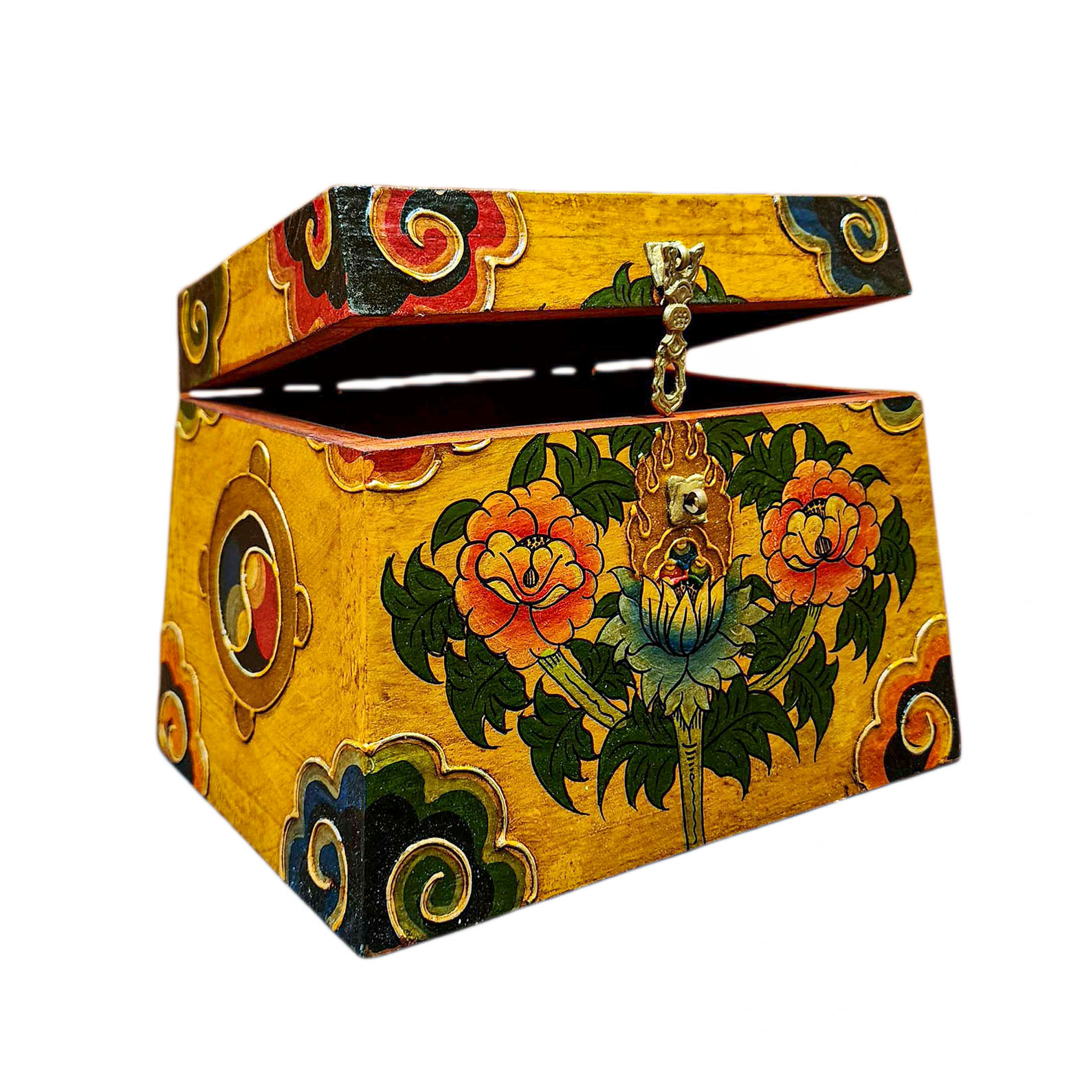 Buddhist Wooden Box With [lotus] Design, Tibetan Style With Traditional Colors