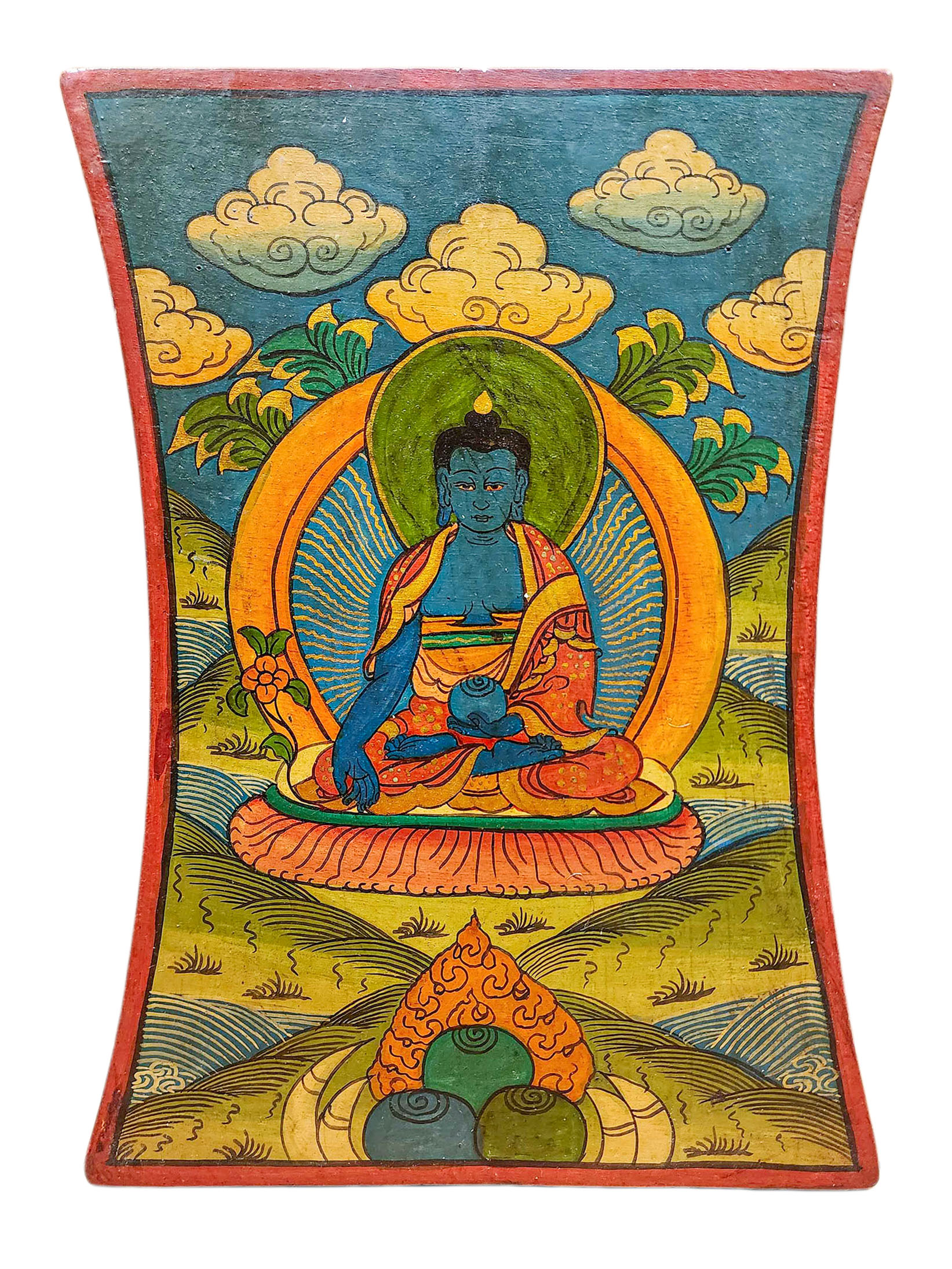 Wooden Thangka Or Wall Hanging Of [medicine Buddha], [natural Colour Finishing], Hand Painted