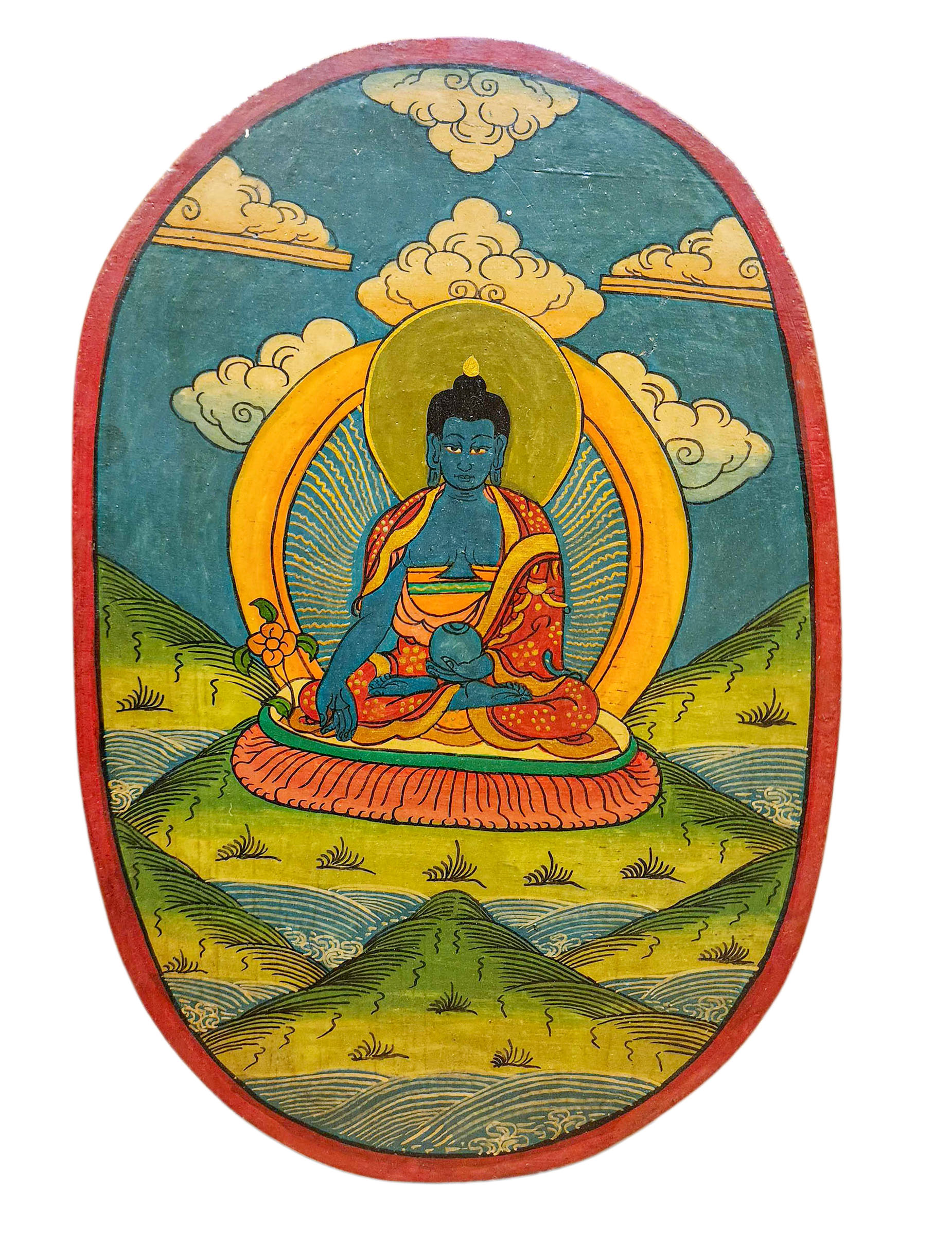 Wooden Thangka Or Wall Hanging Of [medicine Buddha], [natural Colour Finishing], Hand Painted