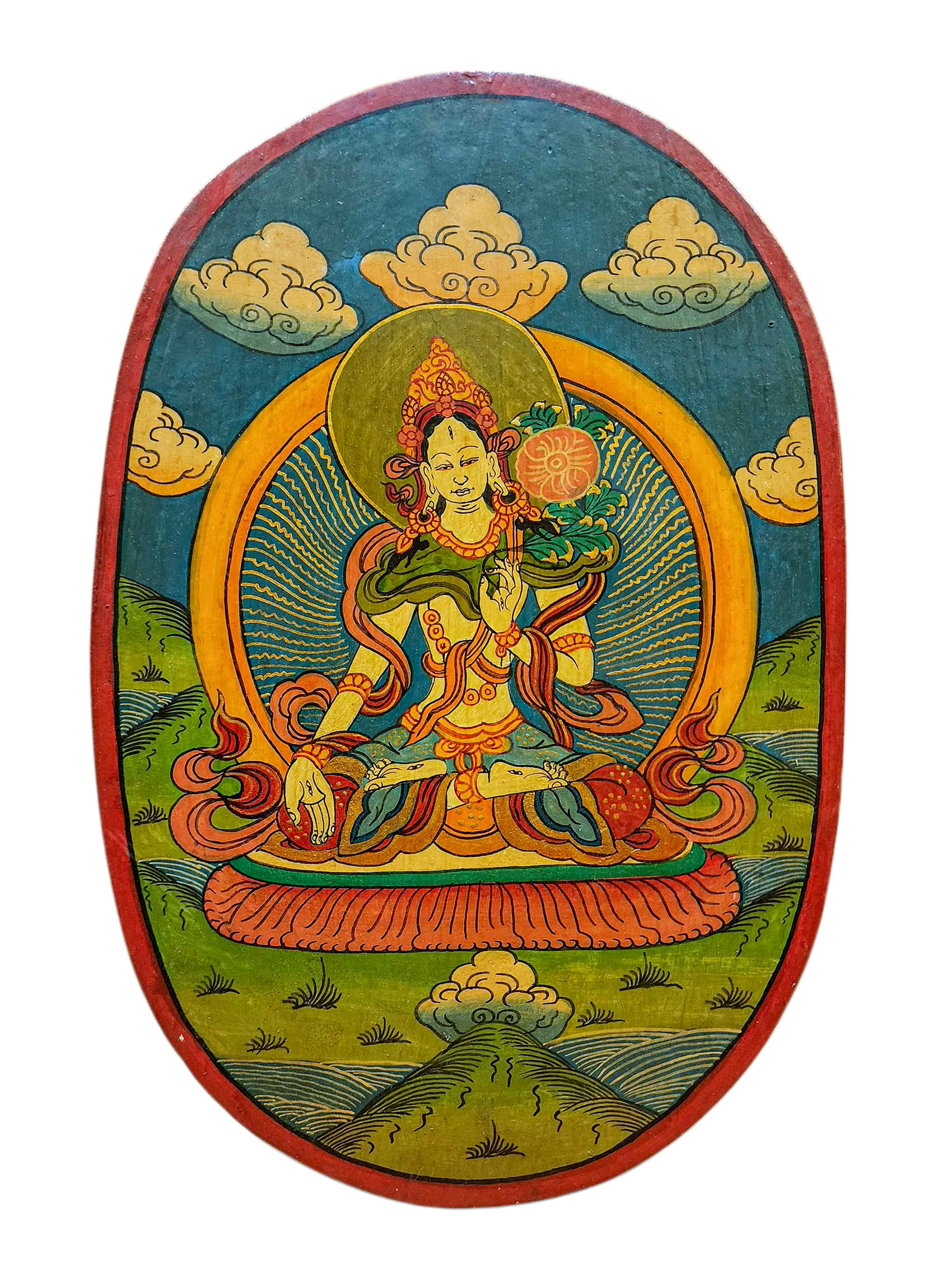 Wooden Thangka Or Wall Hanging Of [white Tara], [natural Colour Finishing], Hand Painted