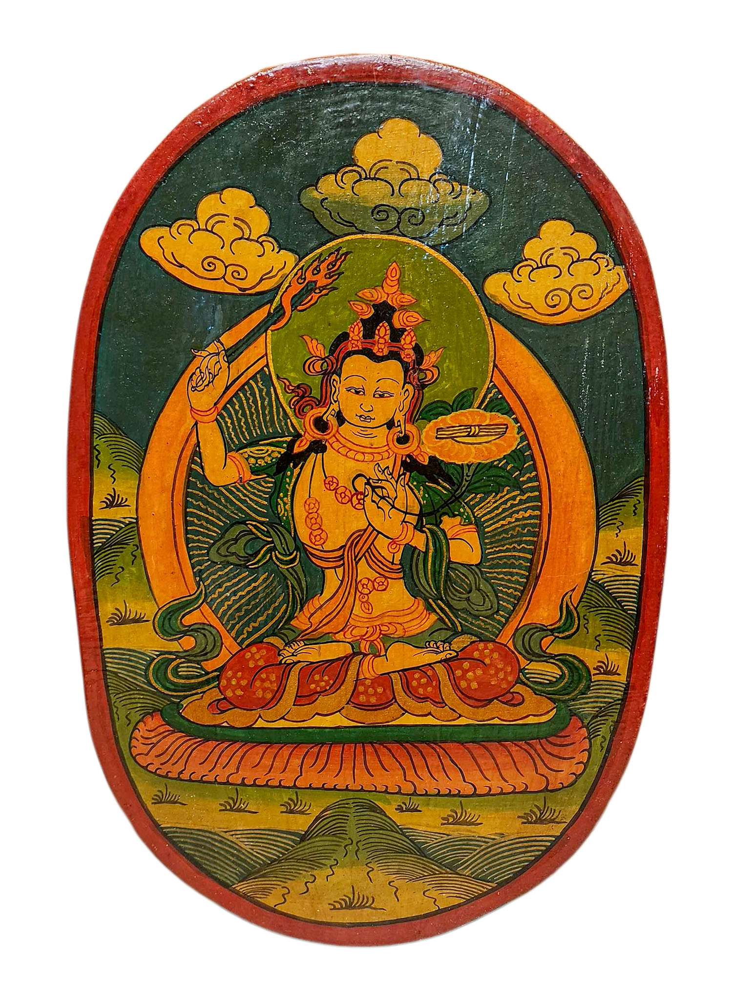Wooden Thangka Or Wall Hanging Of [manjushree], [natural Colour Finishing], Hand Painted