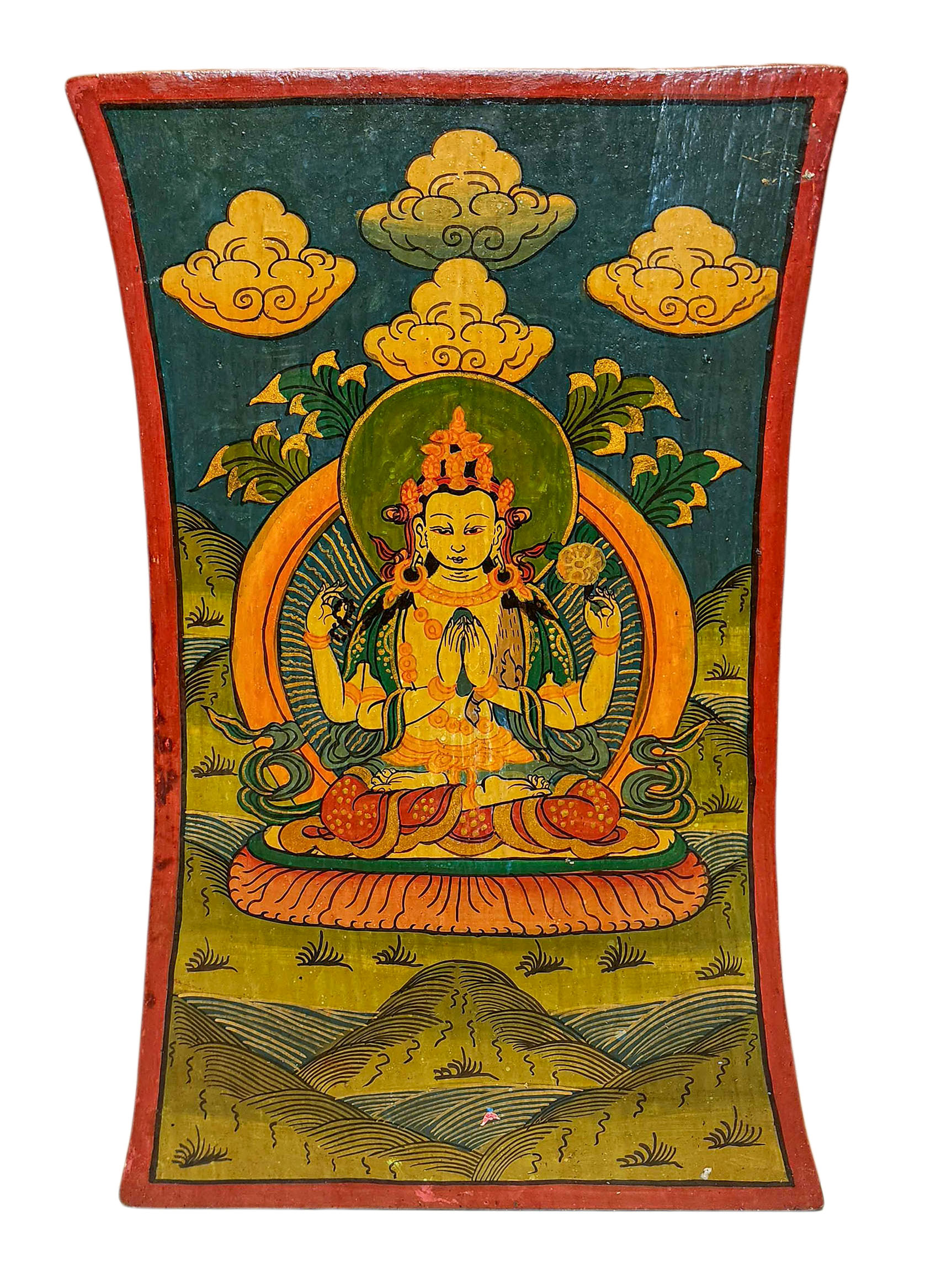 Wooden Thangka Or Wall Hanging Of [chenrezig], [natural Colour Finishing], Hand Painted