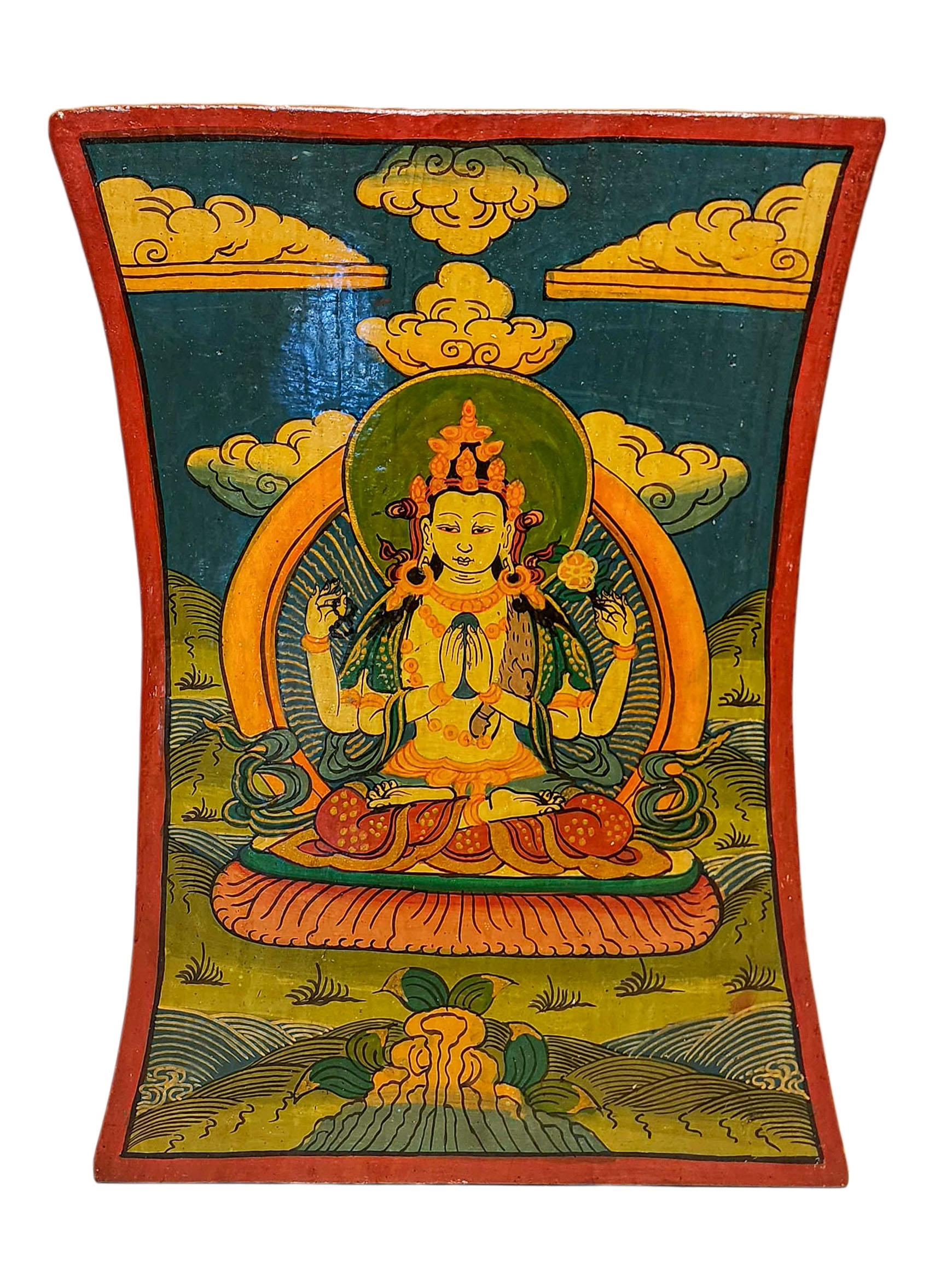 Wooden Thangka Or Wall Hanging Of [chenrezig], [natural Colour Finishing], Hand Painted