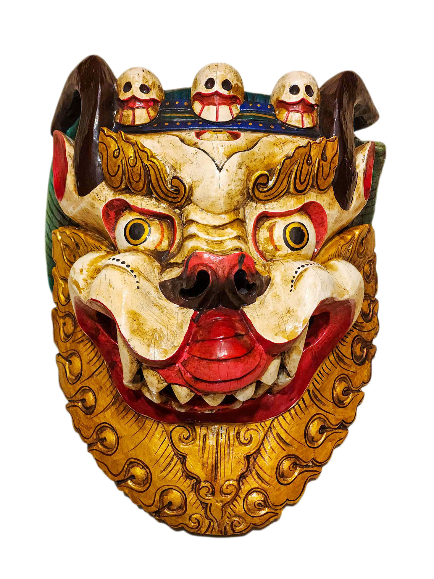 Buddhist Wooden Mask Of [snow Lion], Tibetan Style Wtih [traditional Colors], Poplar Wood