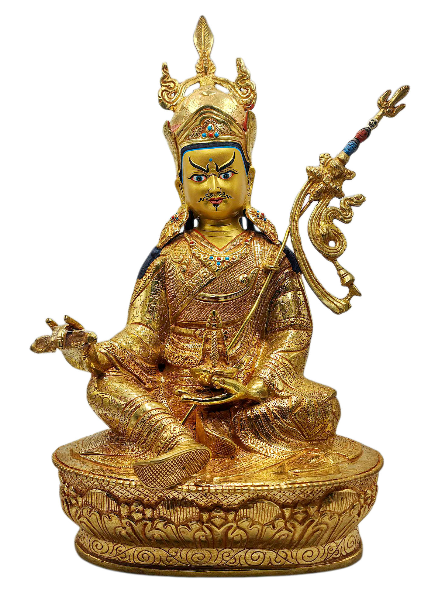 Buddhist Handmade Statue Of Padmasambhava [guru Rinpoche], [full Fire Gold Plated] With Painted Face