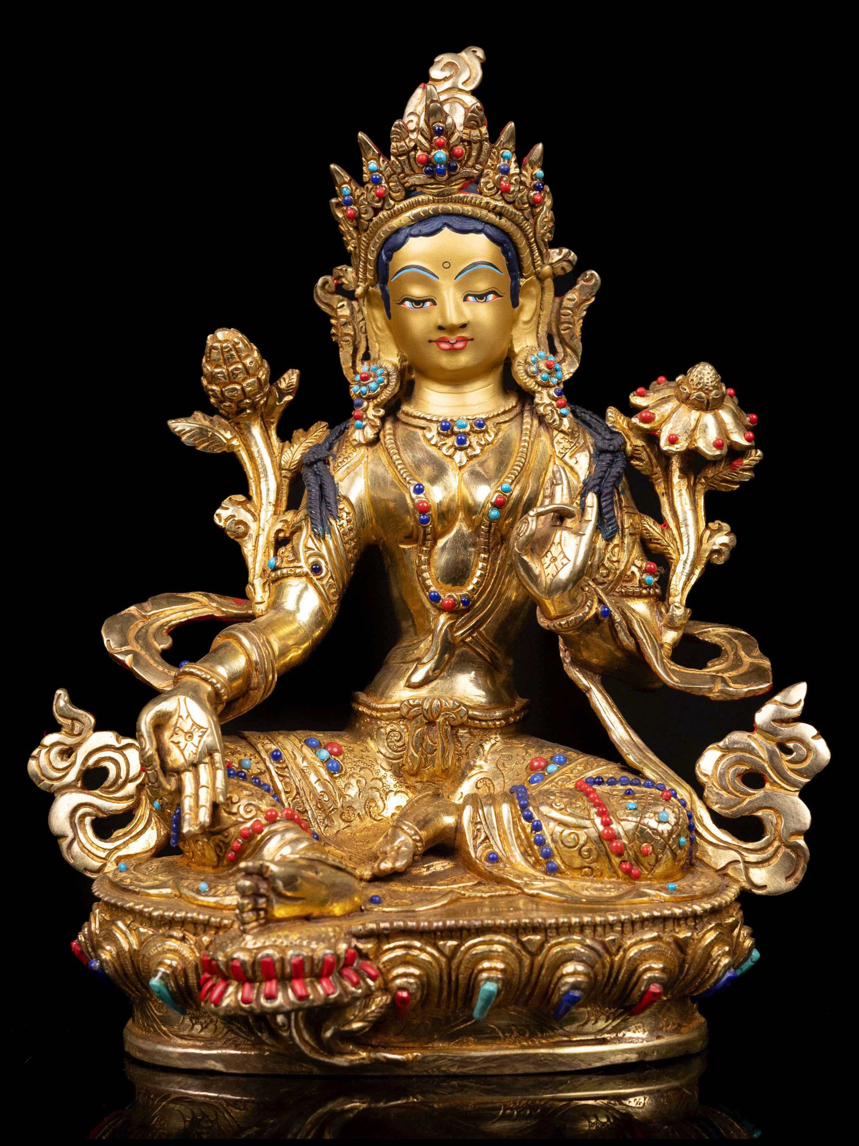[green Tara], Buddhist Handmade Statue, [full Gold Plated], [stone Setting], [face Painted]
