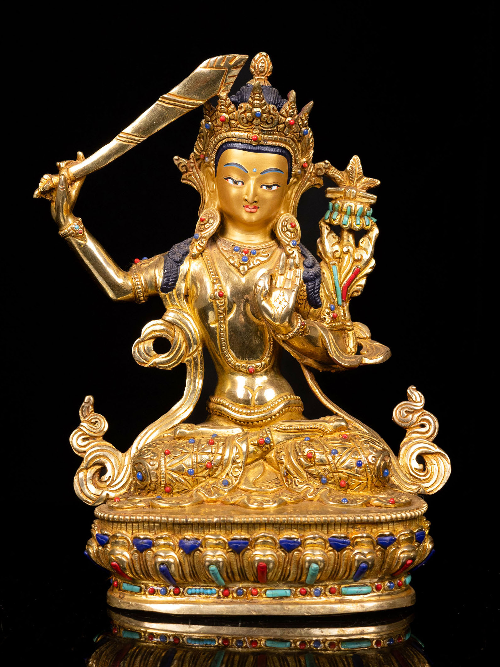 [manjushri], Buddhist Handmade Statue, [full Gold Plated], [stone Setting], [face Painted]