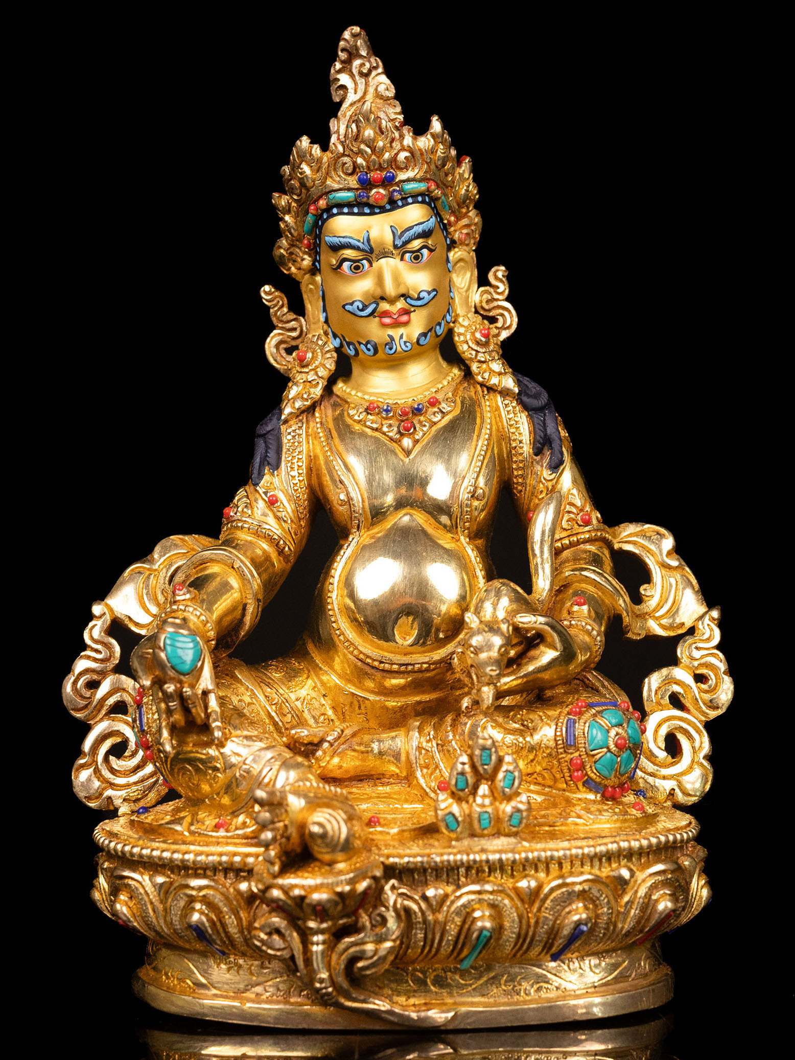 [yellow Jambhala], Buddhist Handmade Statue, [full Gold Plated], [stone Setting], [face Painted]