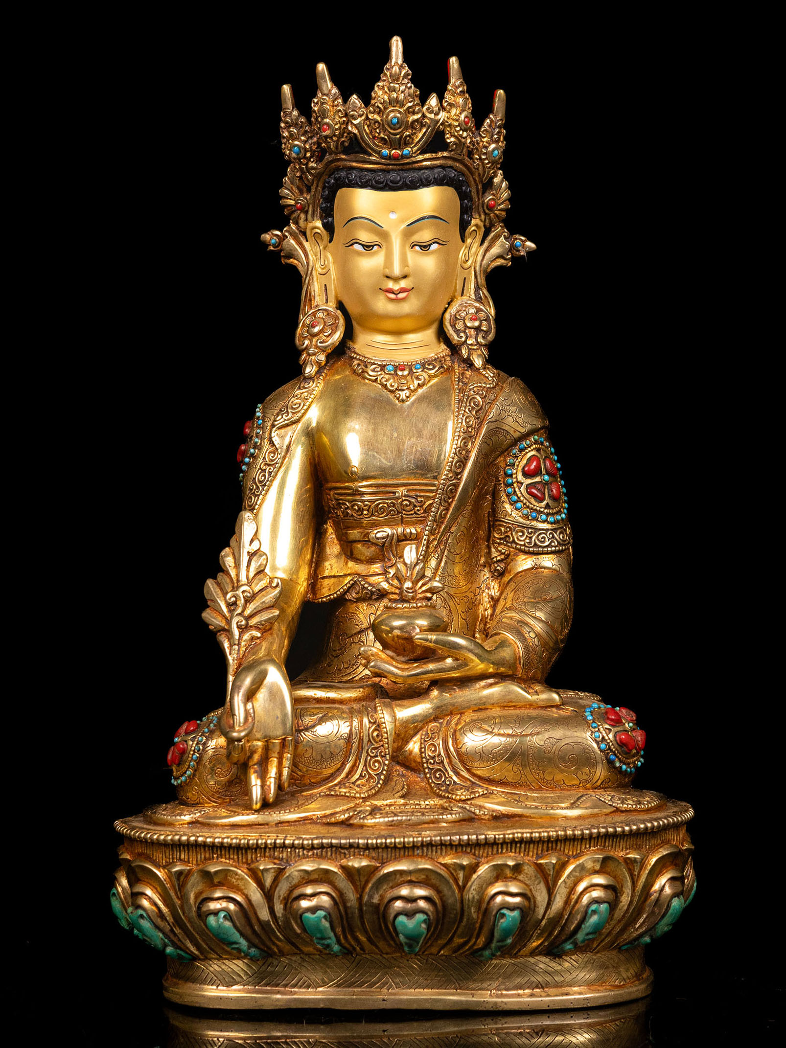 [medicine Buddha] With Crown, Buddhist Handmade Statue, [full Gold Plated], [stone Setting], [face Painted]