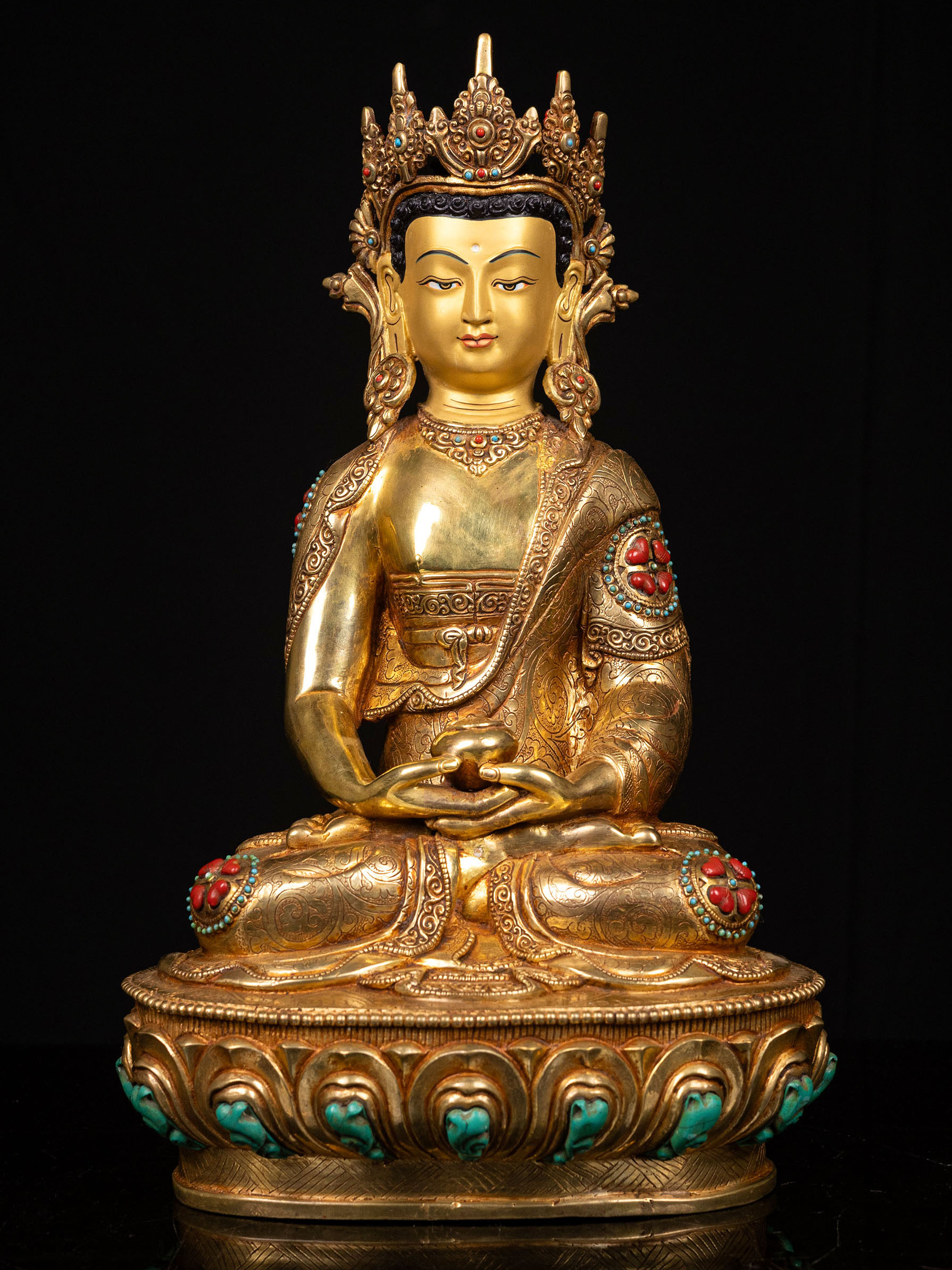 [amitabha Buddha] With Crown, Buddhist Handmade Statue, [full Gold Plated], [stone Setting], [face Painted]