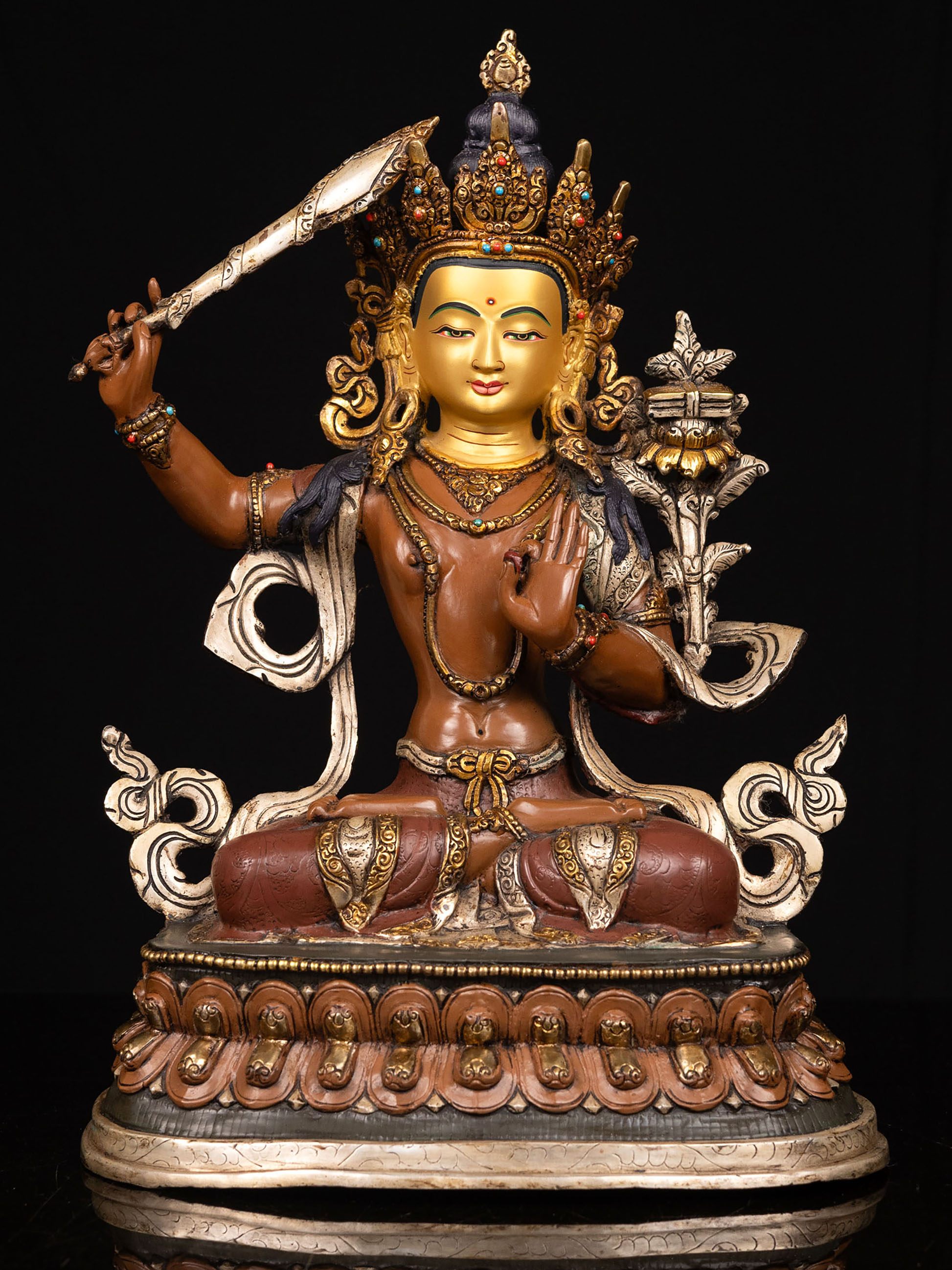[master Quality] [manjushri], Buddhist Handmade Statue, [partly Gold Plated], [thangka Color Finishing], [stone Setting], [face Painted]