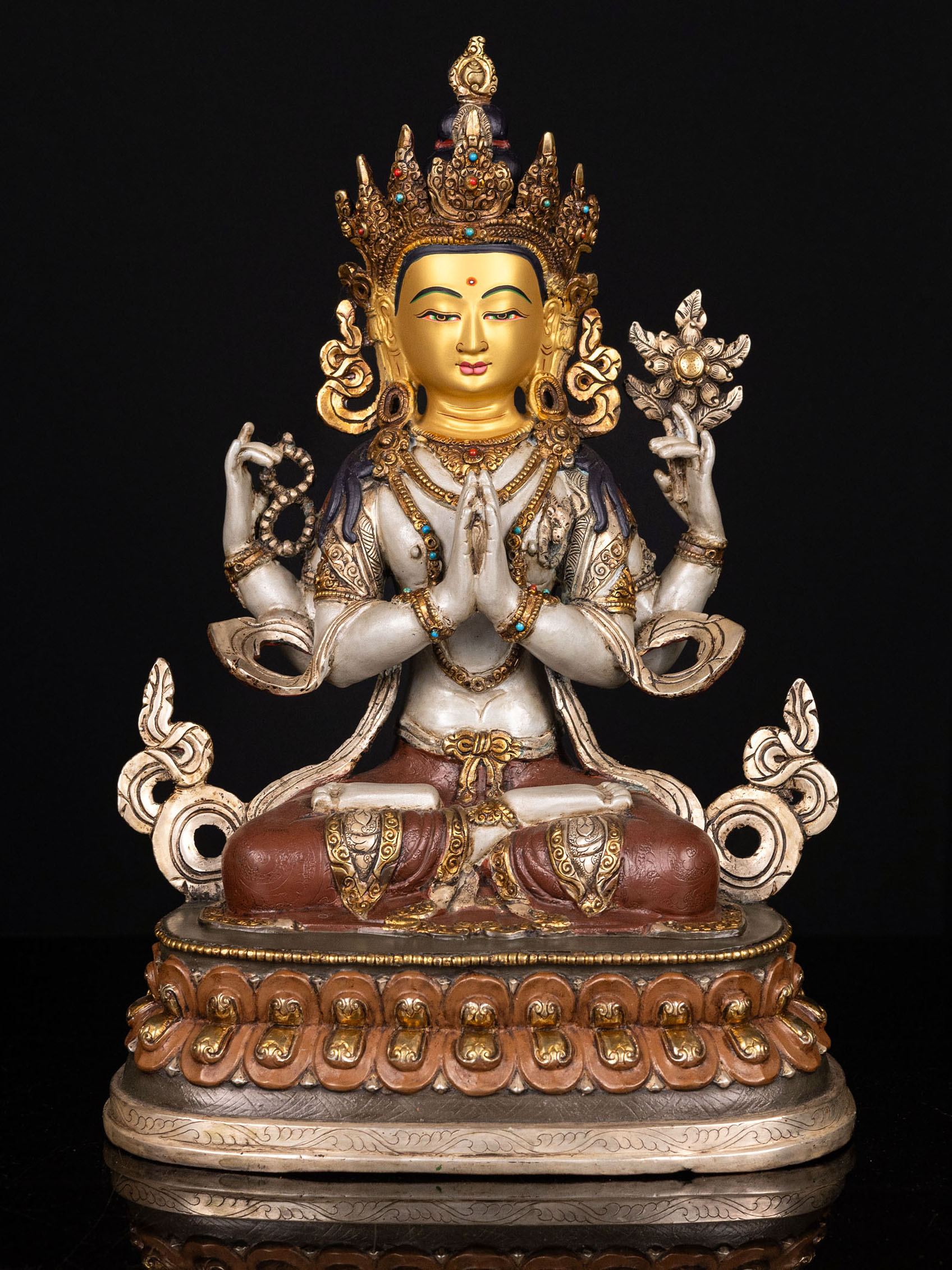 [master Quality] [chenrezig], Buddhist Handmade Statue, [partly Gold Plated], [thangka Color Finishing], [stone Setting], [face Painted]