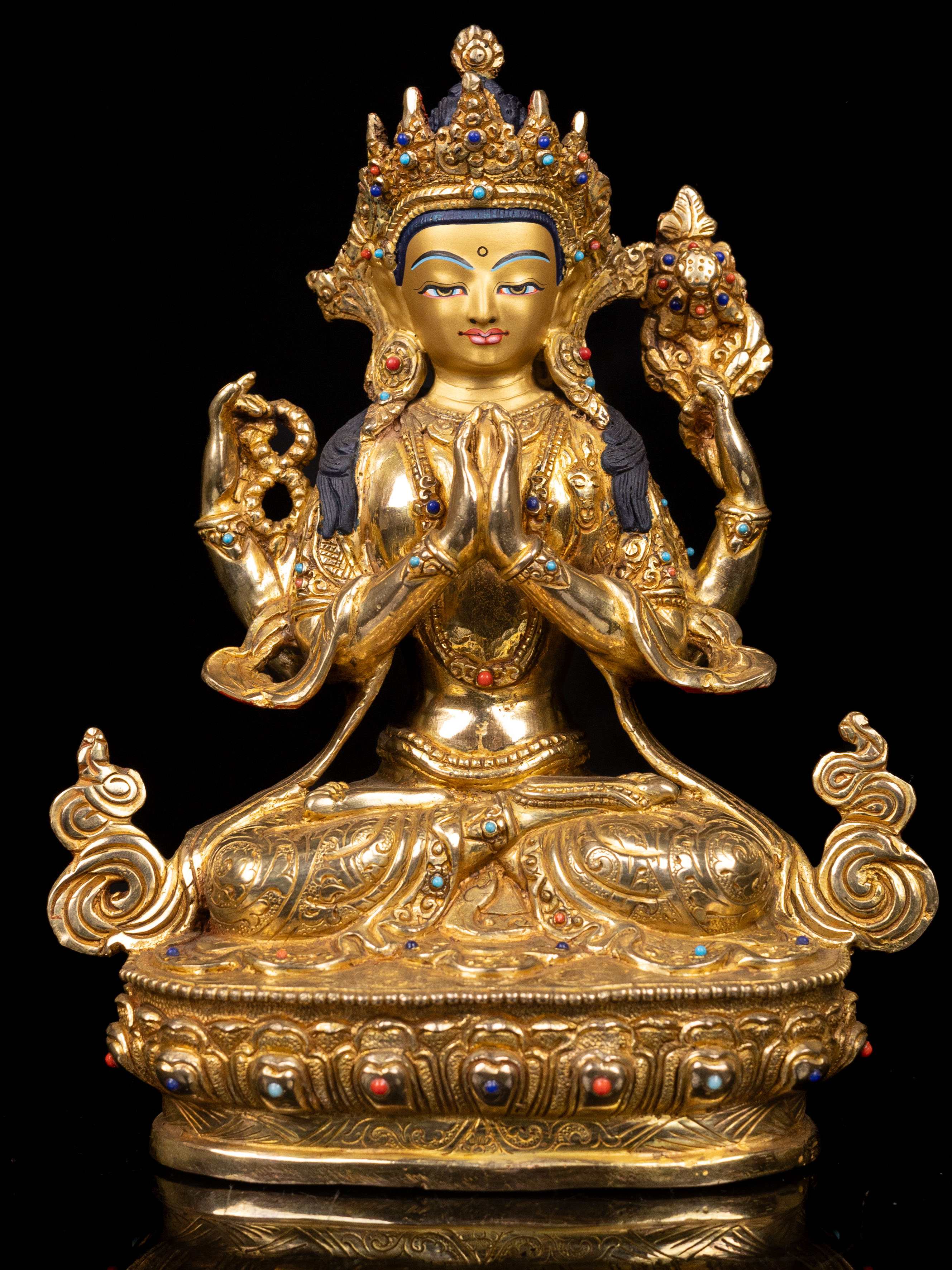 [chenrezig], Buddhist Handmade Statue, [full Gold Plated], [stone Setting], [face Painted]