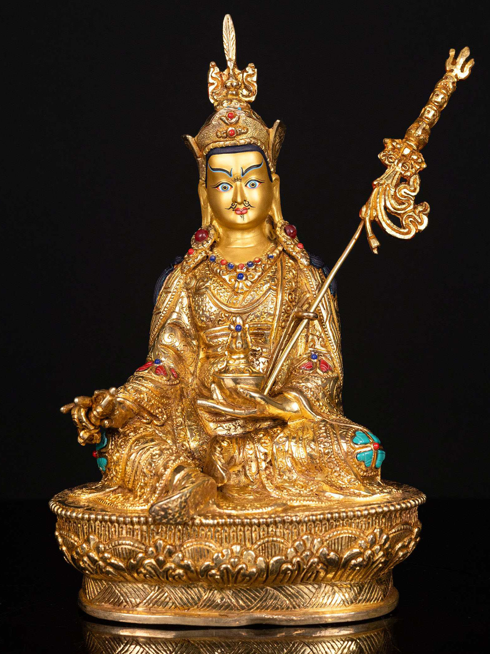[padmasambhava], Buddhist Handmade Statue, [full Gold Plated],  [stone Setting],  [face Painted]