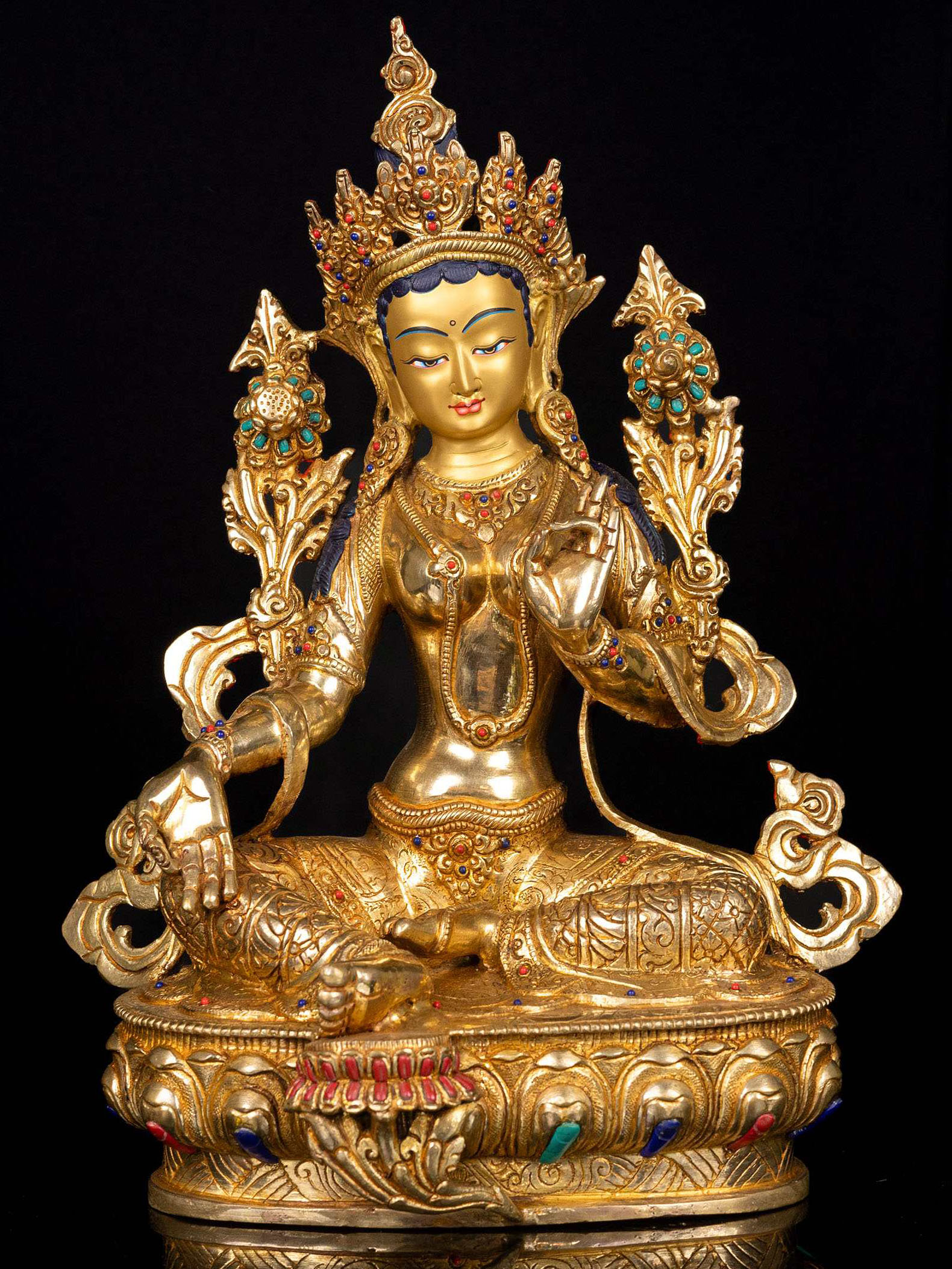 [green Tara], Buddhist Handmade Statue, [full Gold Plated],  [stone Setting],  [face Painted]
