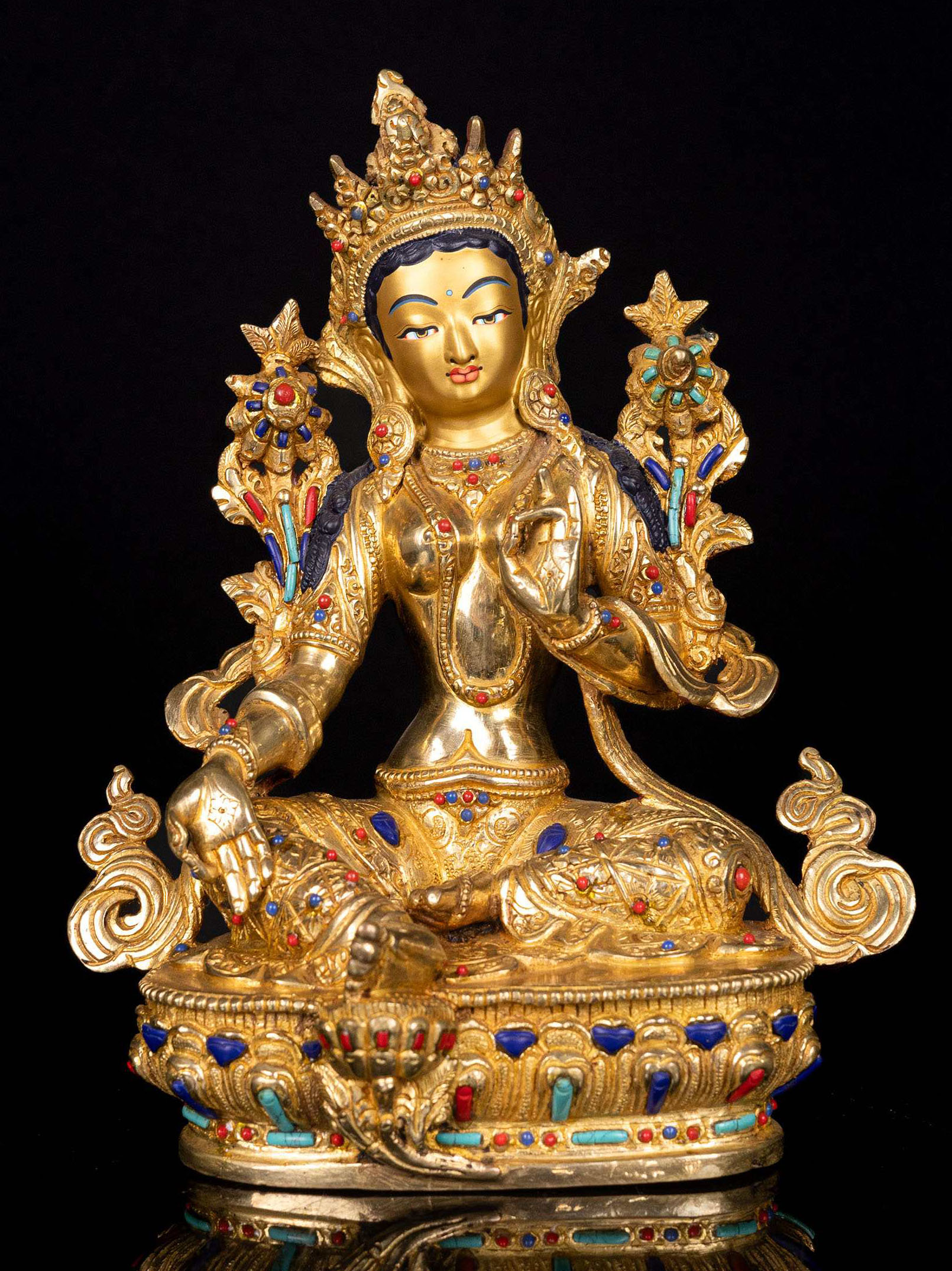 [green Tara], Buddhist Handmade Statue, [full Gold Plated],  [stone Setting],  [face Painted]