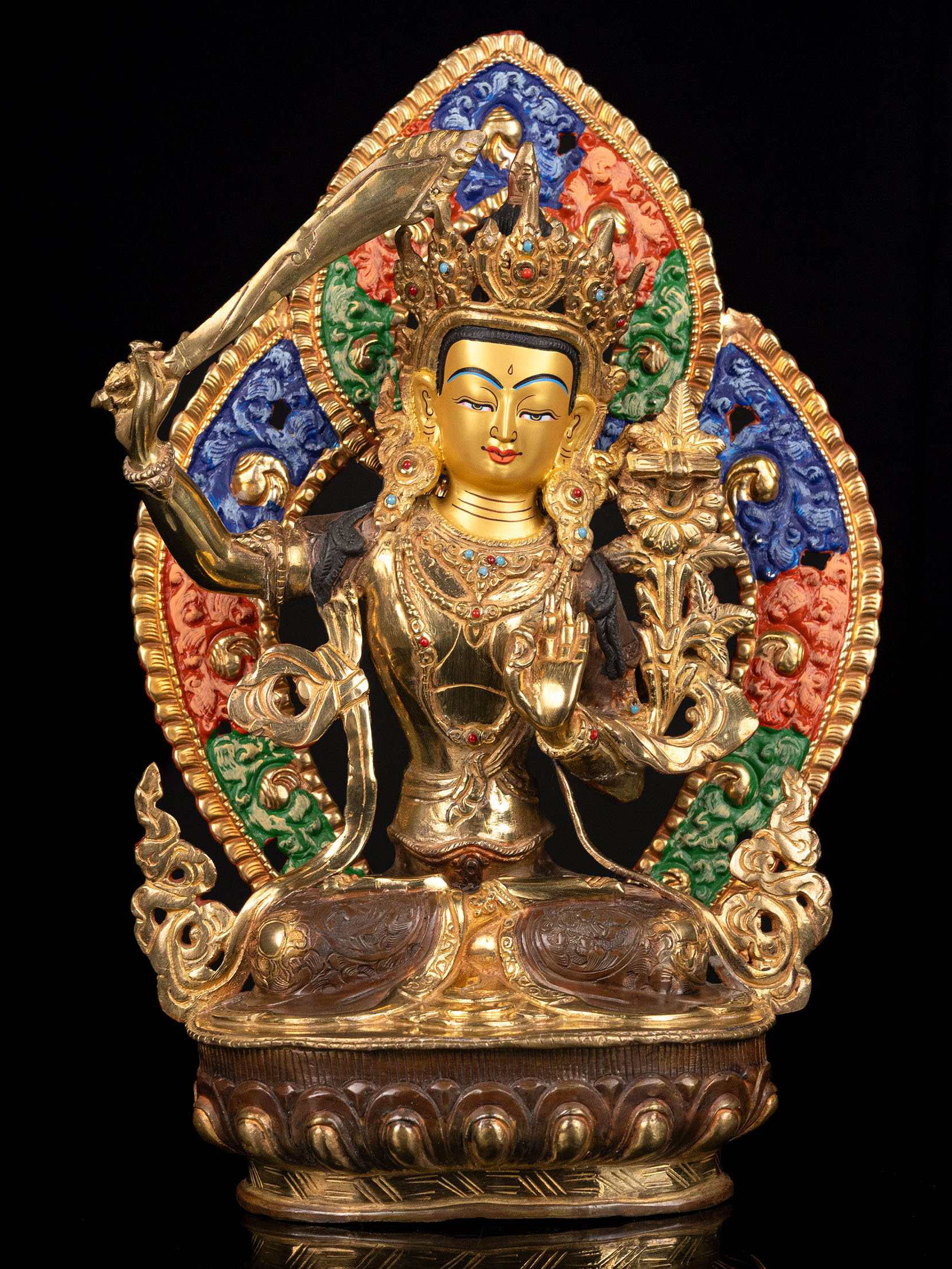 [manjushri] With Parwa, Buddhist Handmade Statue, [partly Gold Plated], [thangka Color Finishing], [ Face Painted]
