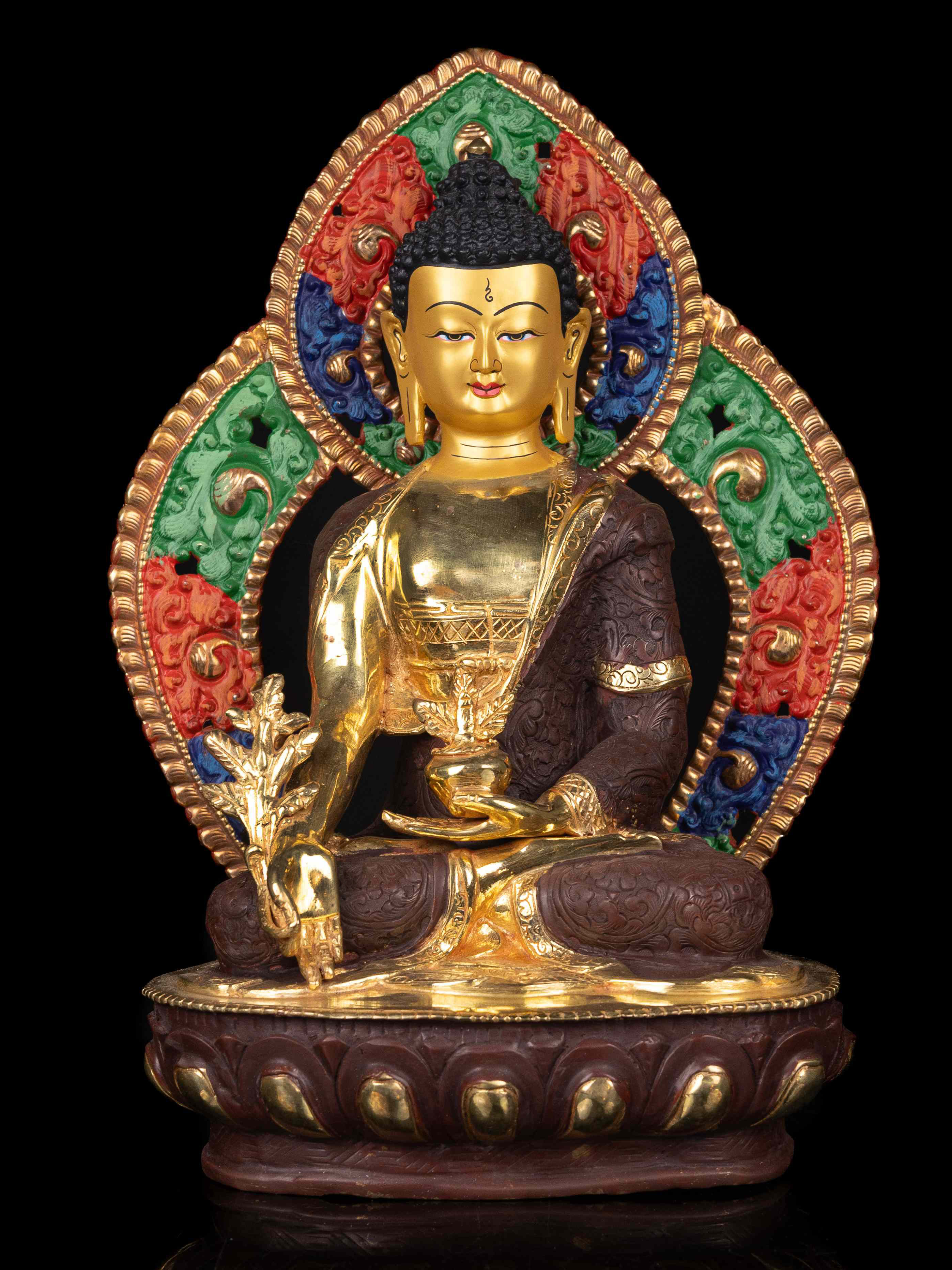 [medicine Buddha] With Parwa, Buddhist Handmade Statue, [partly Gold Plated], [thangka Color Finishing], [face Painted]