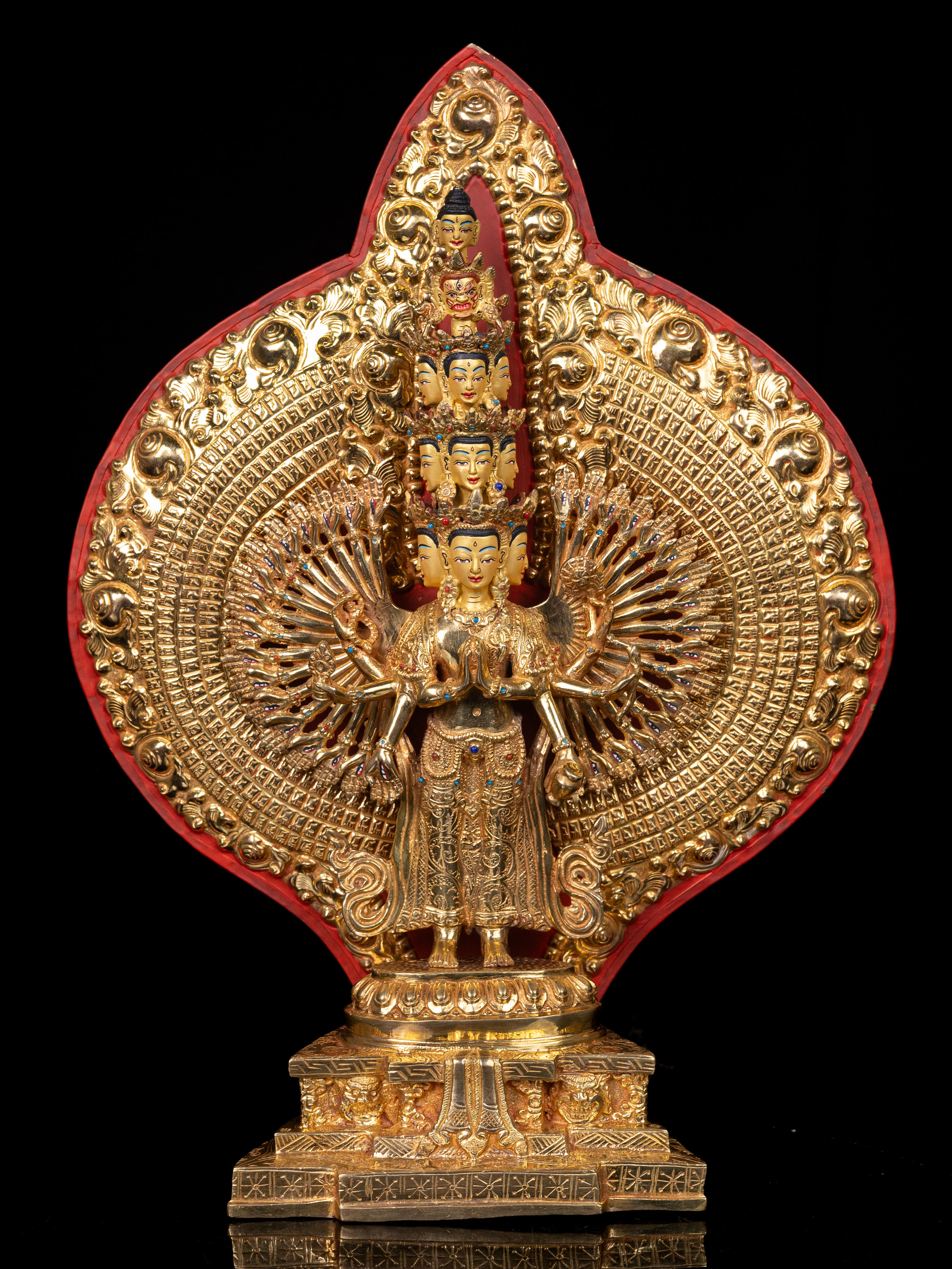 [1000 Arms Sahasrabhuja Avalokitesvara], Buddhist Handmade Statue, [full Gold Plated],  [stone Setting], [face Painted]