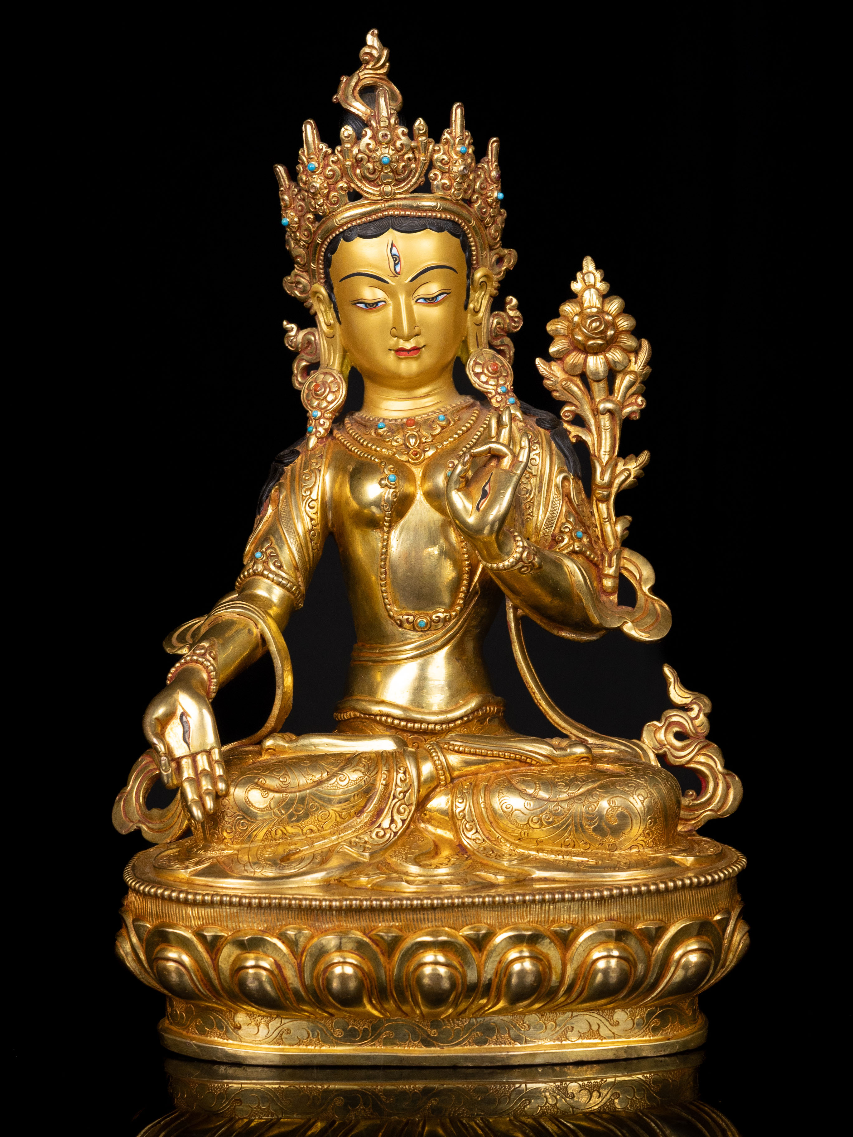 [white Tara], Buddhist Handmade Statue, [full Gold Plated],  [stone Setting], [face Painted]