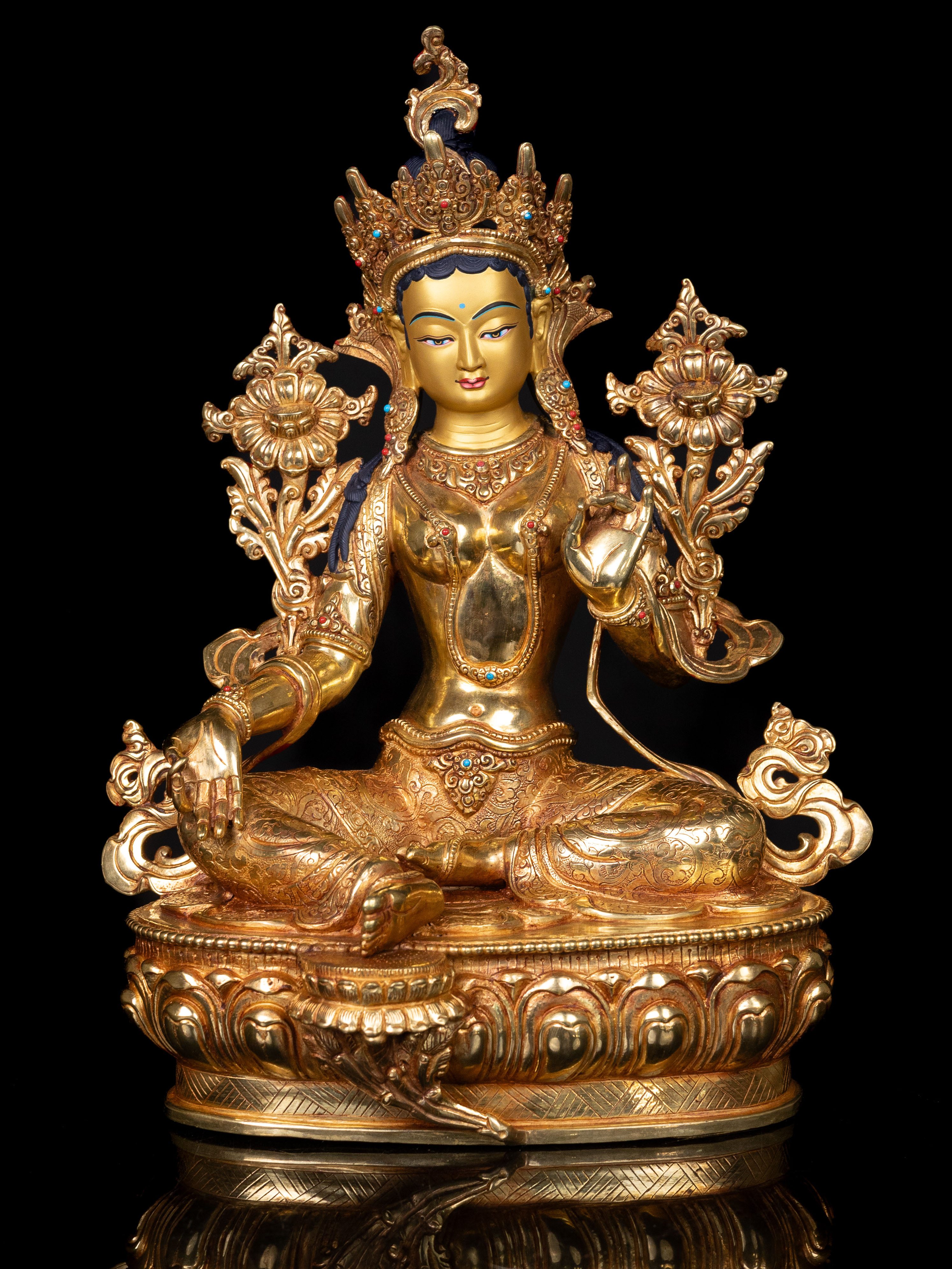 [green Tara], Buddhist Handmade Statue, [full Gold Plated],  [stone Setting], [face Painted]
