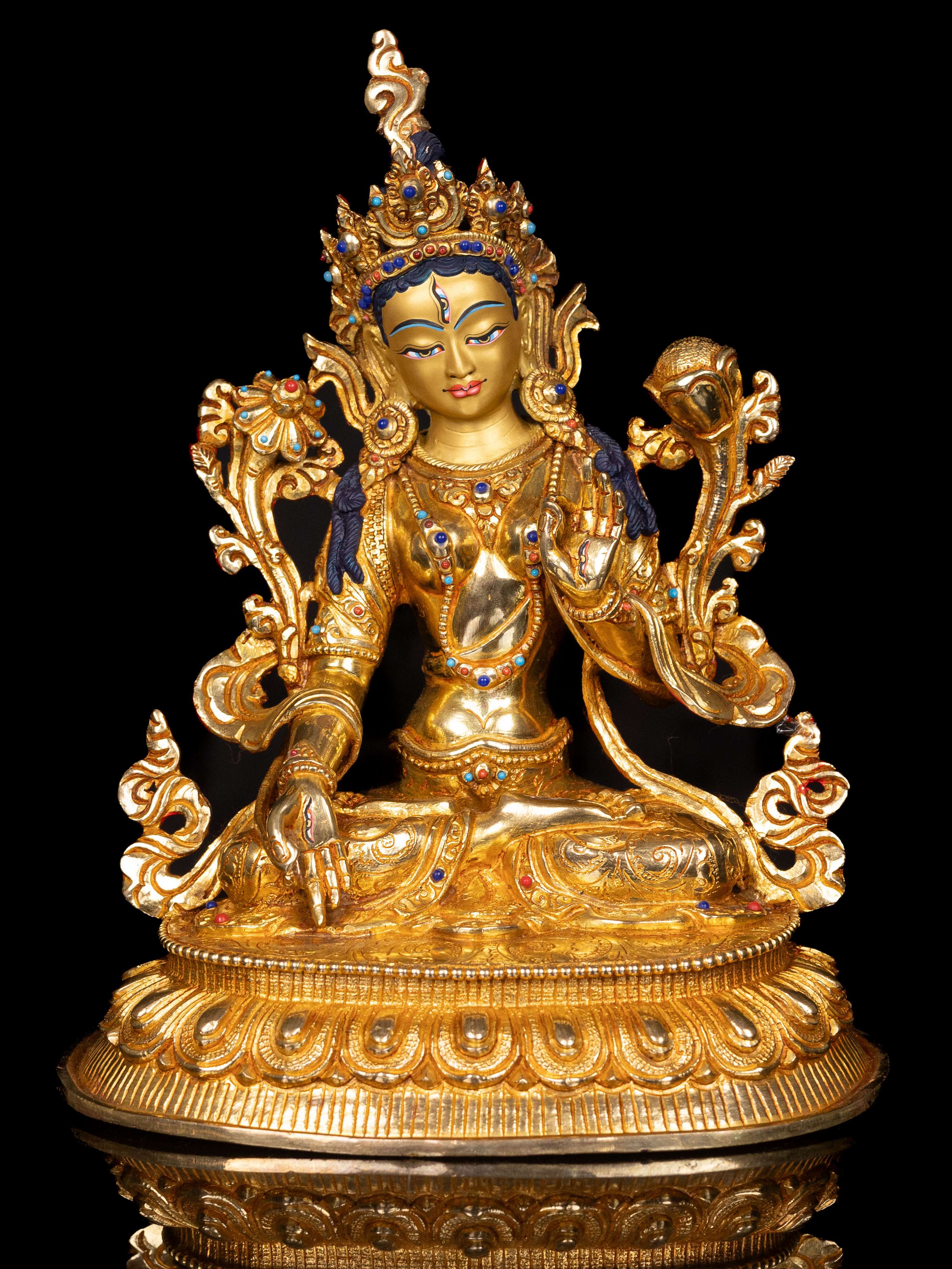 [white Tara], Buddhist Handmade Statue, [full Gold Plated],  [stone Setting], [face Painted]