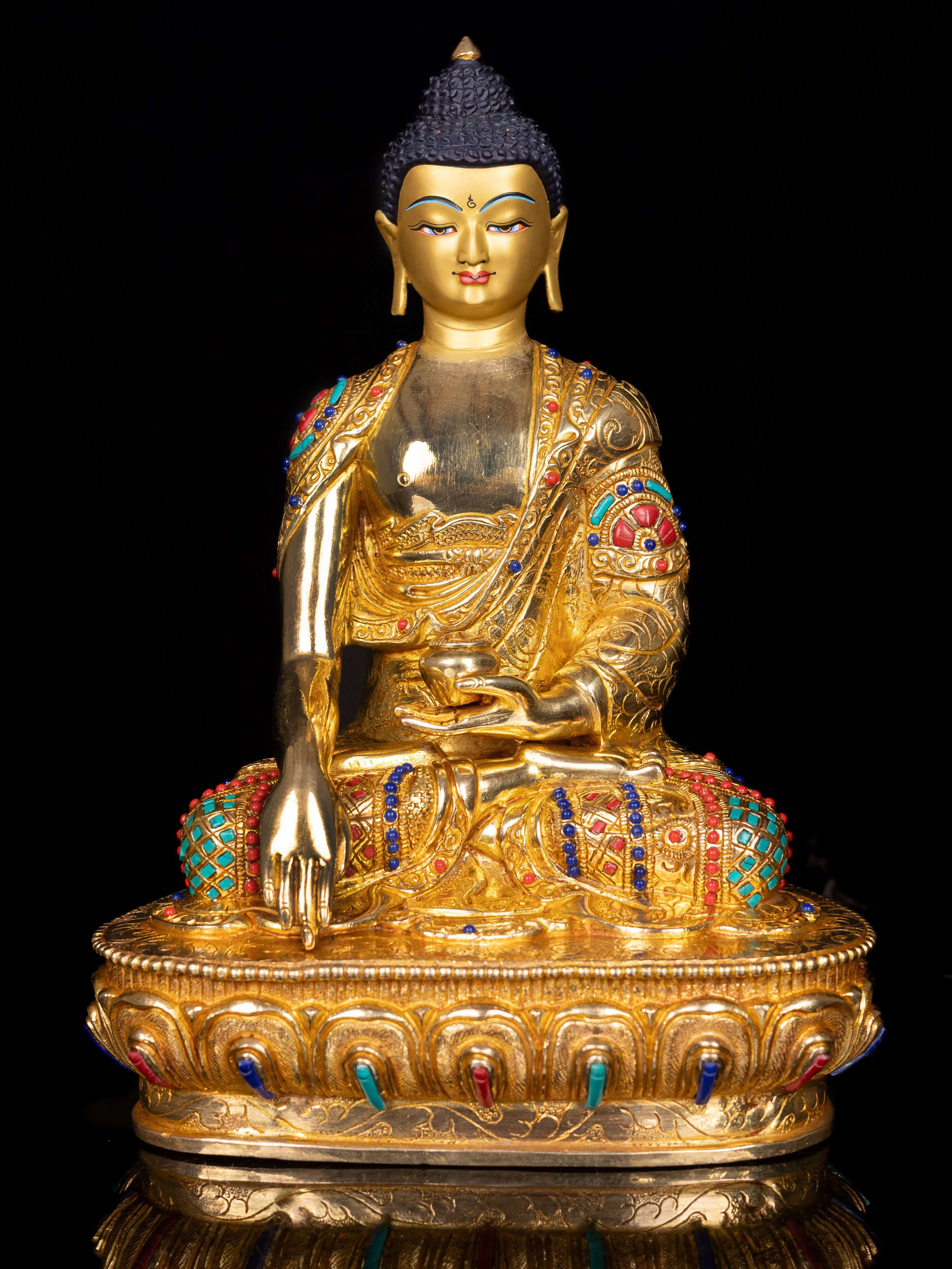 [shakyamuni Buddha], Buddhist Handmade Statue, [full Gold Plated],  [stone Setting], [face Painted]