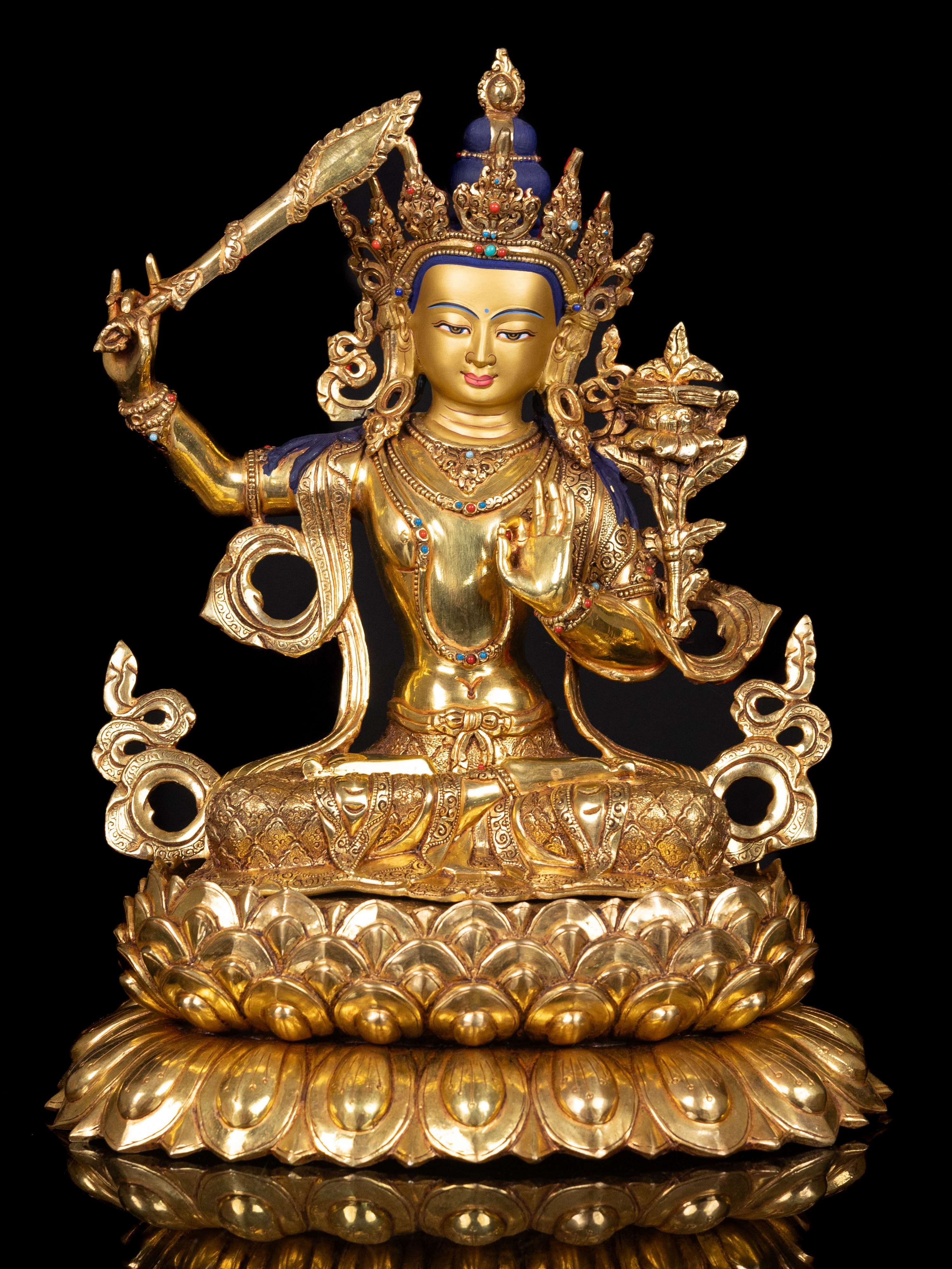 [manjushri] On Double Lotus Base, Buddhist Handmade Statue, [full Gold Plated],  [stone Setting], [face Painted]