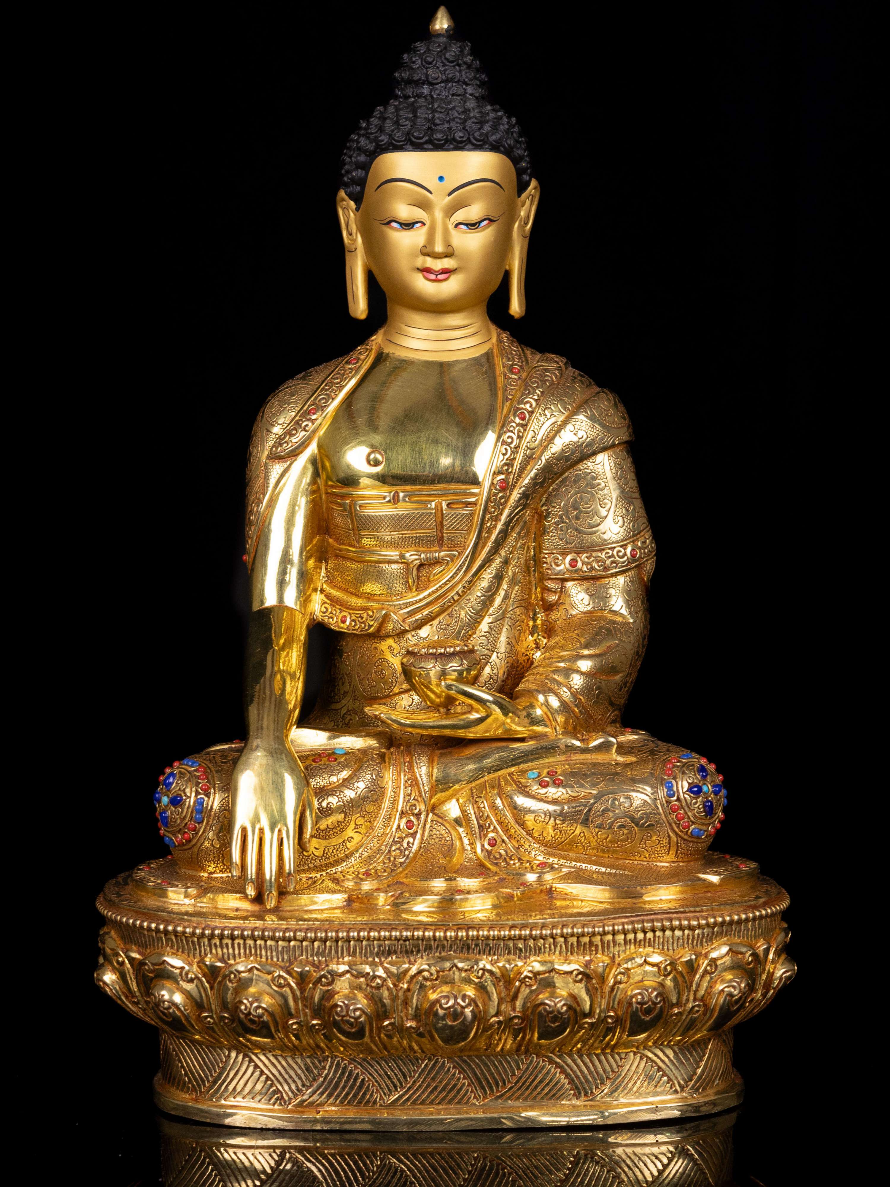 [shakyamuni Buddha], Buddhist Handmade Statue, [full Gold Plated],  [stone Setting], [face Painted]