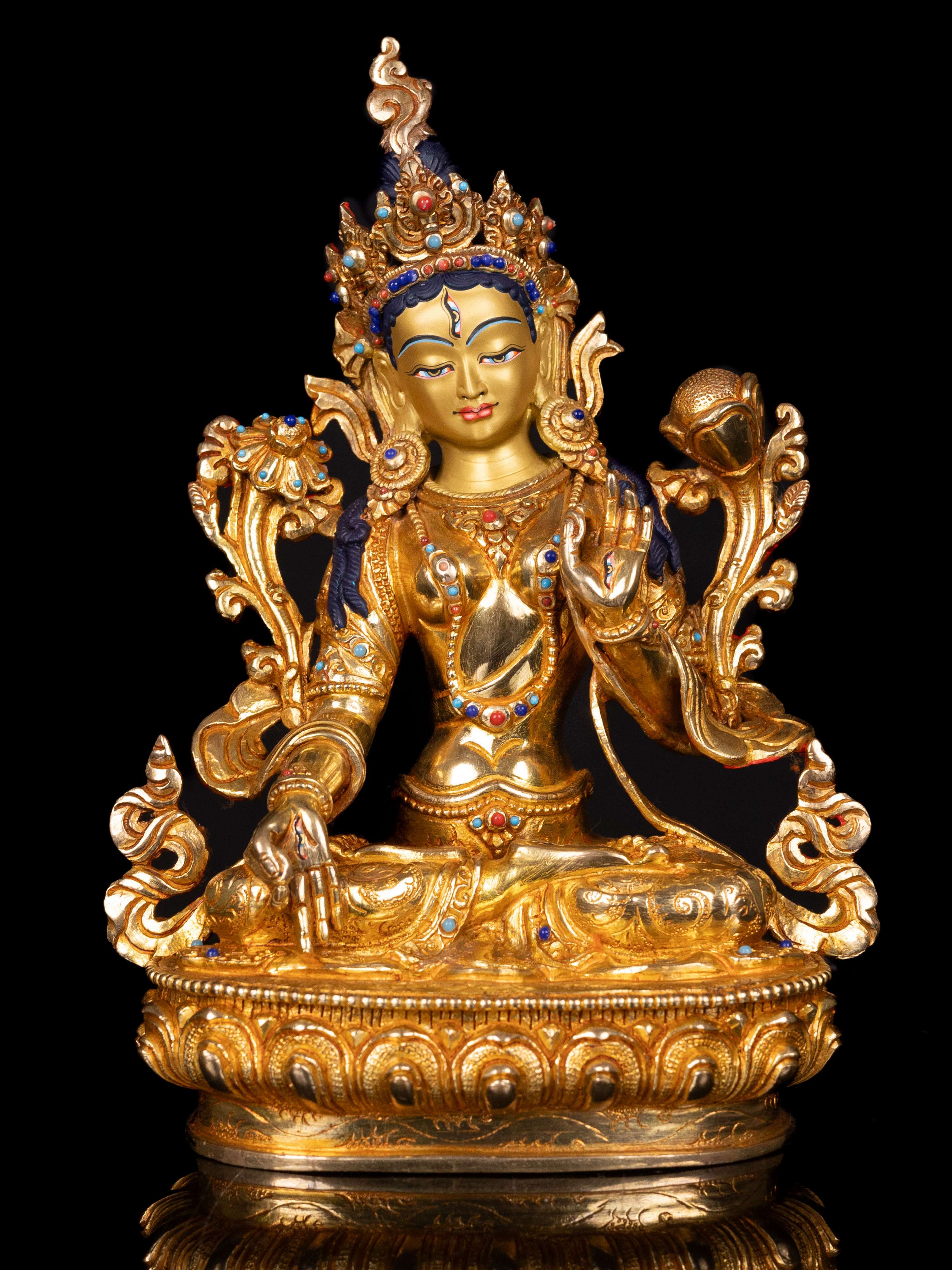 [white Tara], Buddhist Handmade Statue, [full Gold Plated],  [stone Setting], [face Painted]