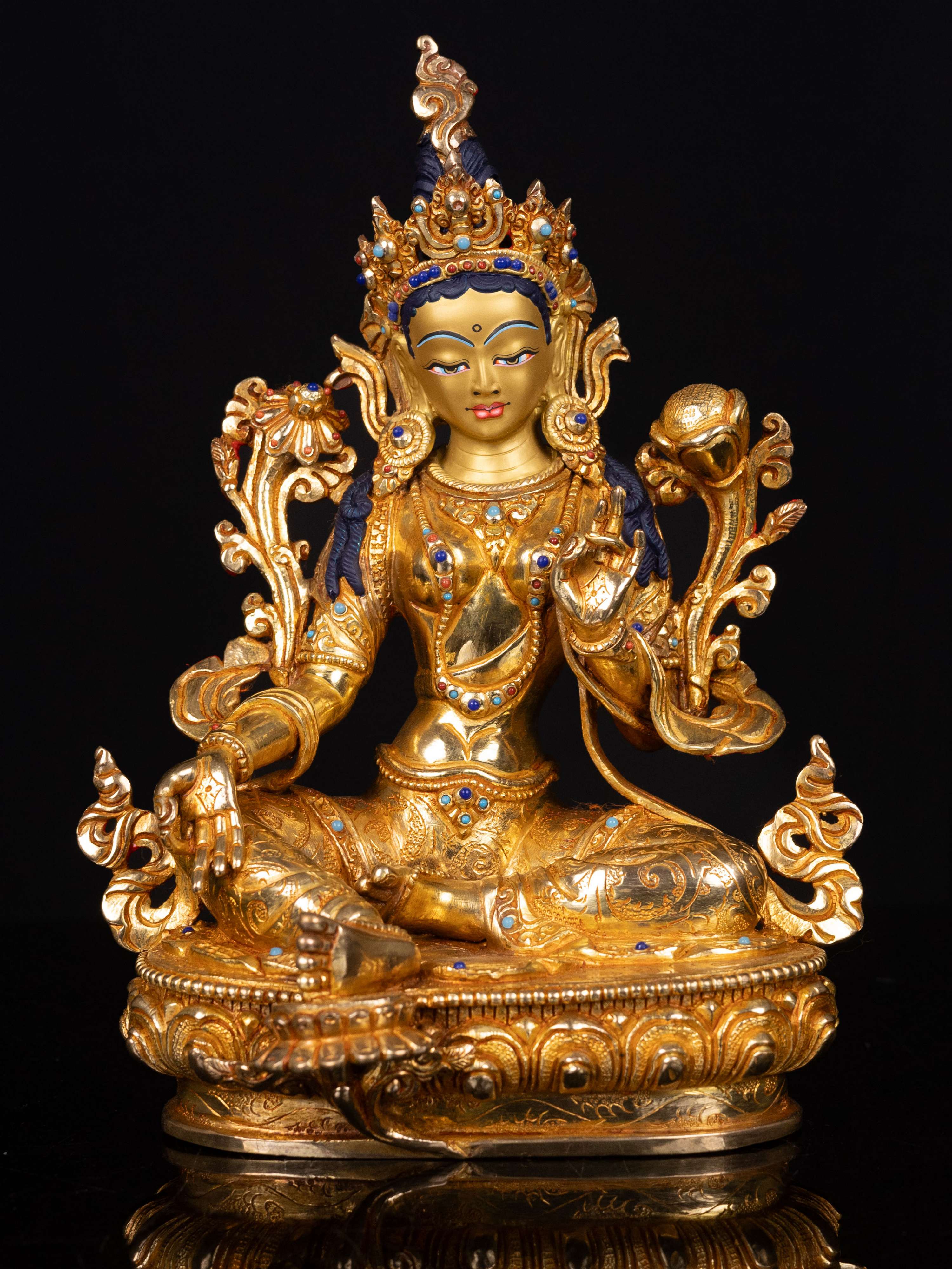 [green Tara], Buddhist Handmade Statue, [full Gold Plated],  [stone Setting], [face Painted]