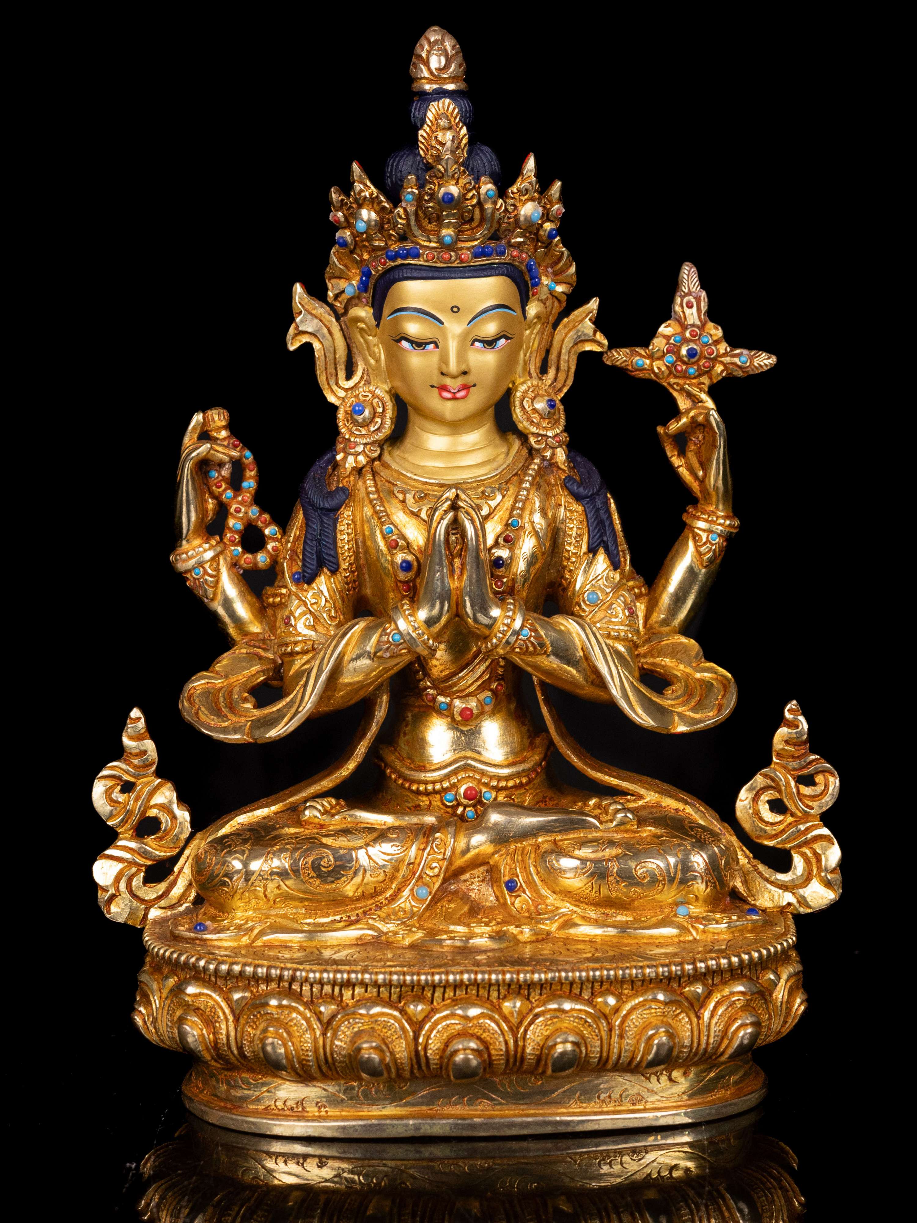 [chenrezig], Buddhist Handmade Statue, [full Gold Plated],  [stone Setting], [face Painted]