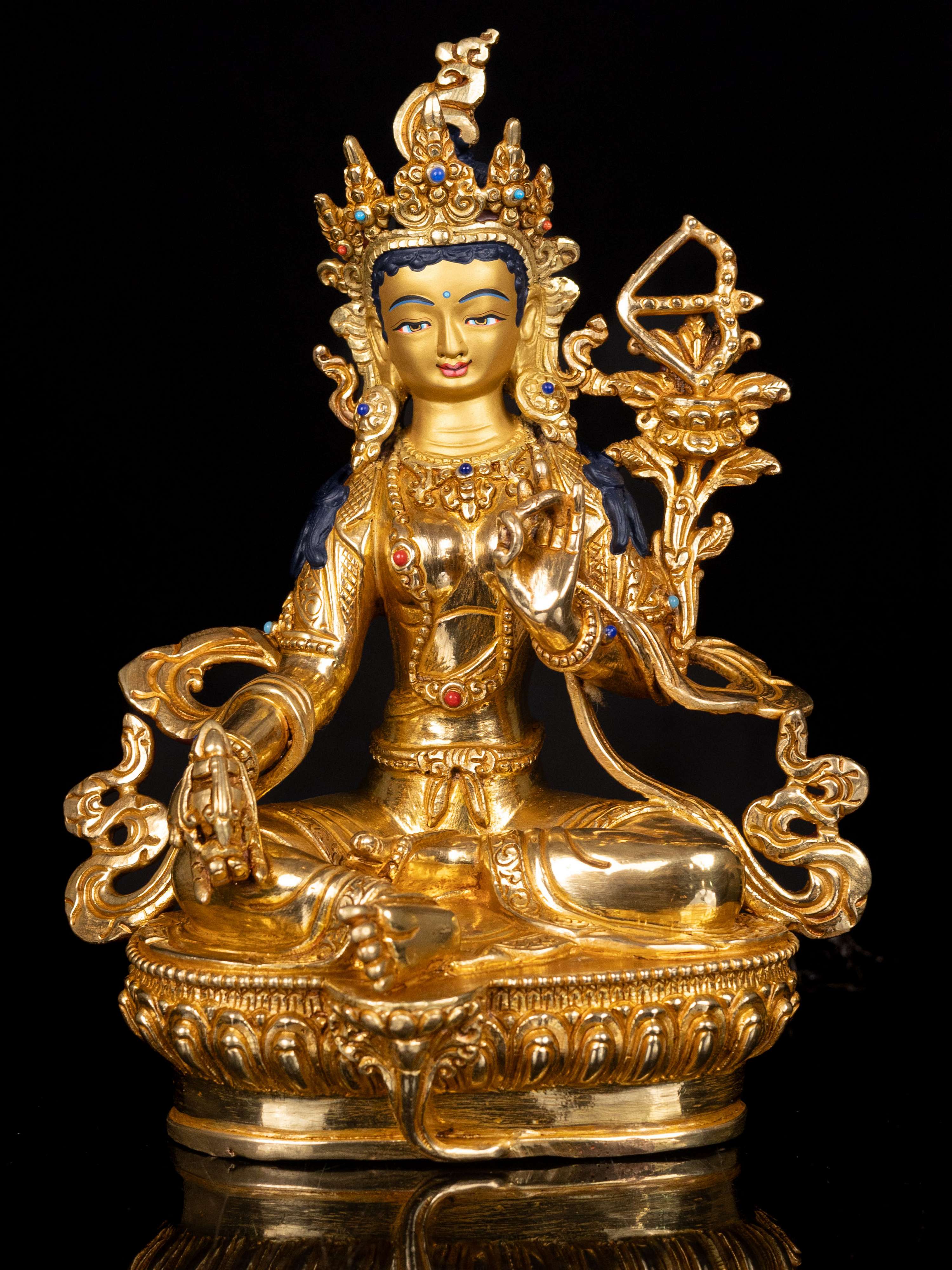[red Tara], Buddhist Handmade Statue, [full Gold Plated],  [stone Setting], [face Painted]