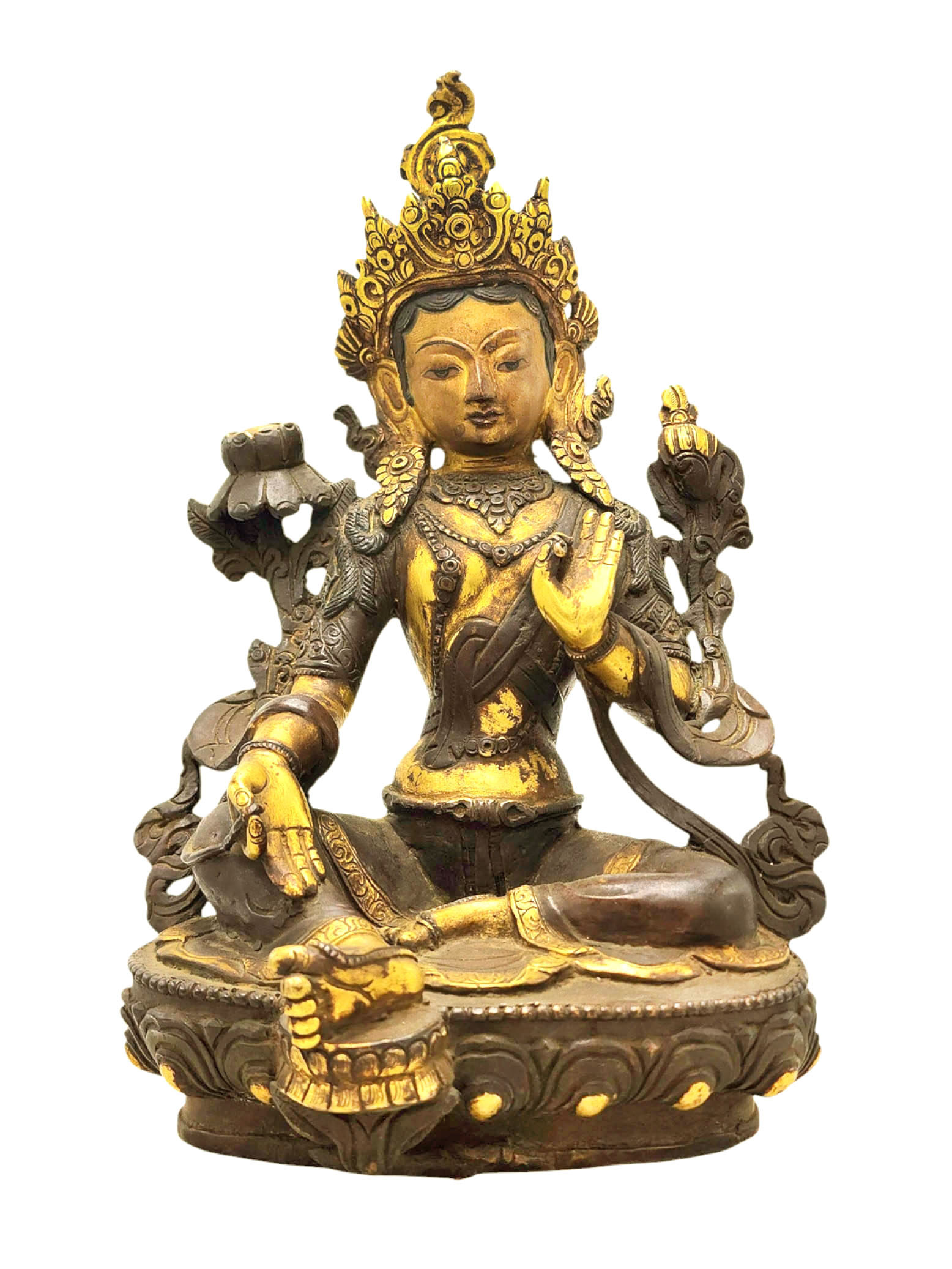 [old Stock] [green Tara], Buddist Handmade Statue,  [partly Gold Plated], [antique Finishing], [face Painted]